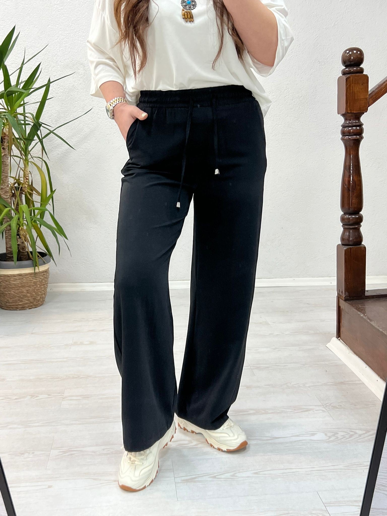 BEL LASTİKLİ TENSEL PANTOLON SİYAH - 1348