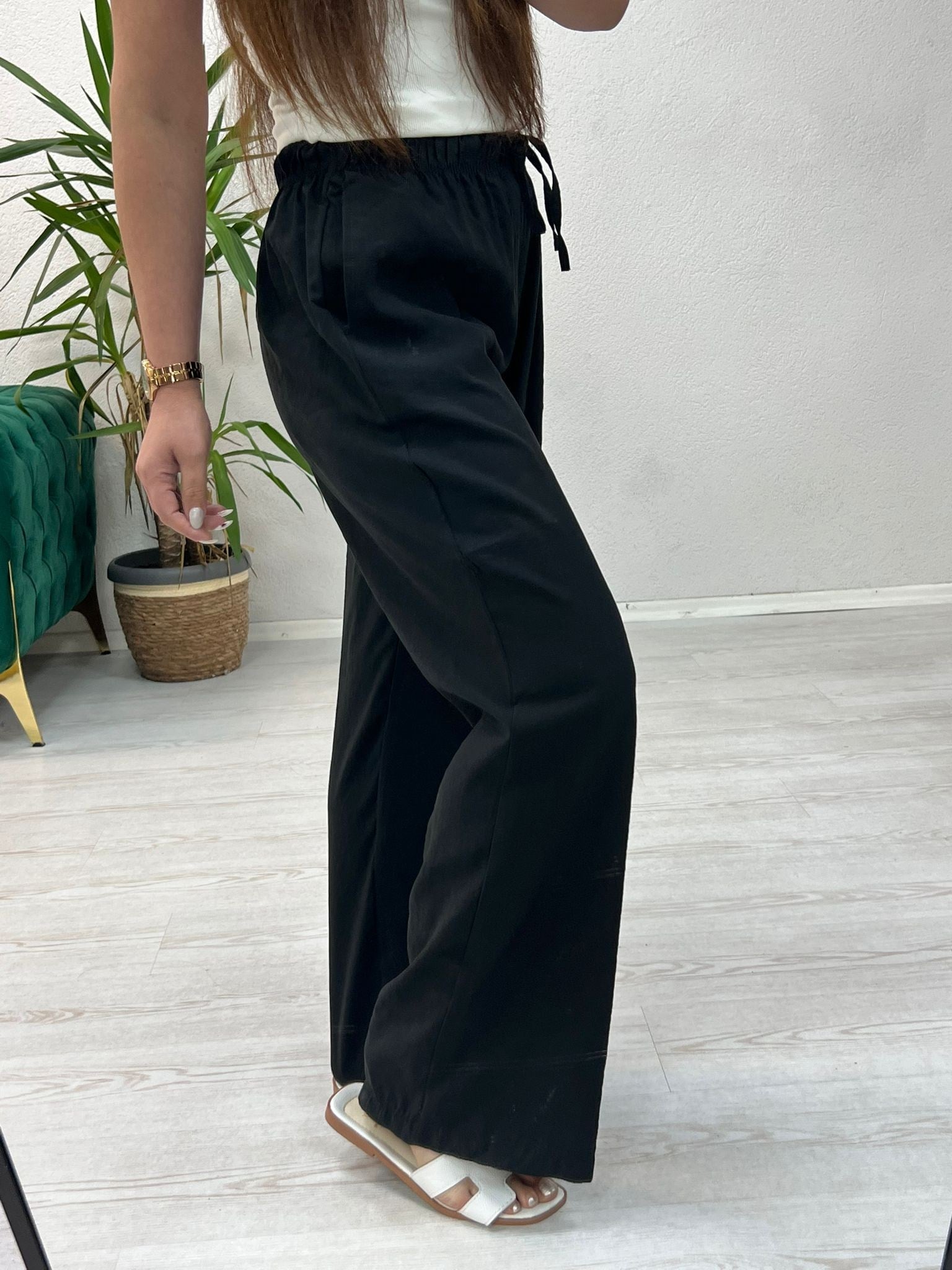 BEL LASTİKLİ TENSEL PANTOLON SİYAH - 1433