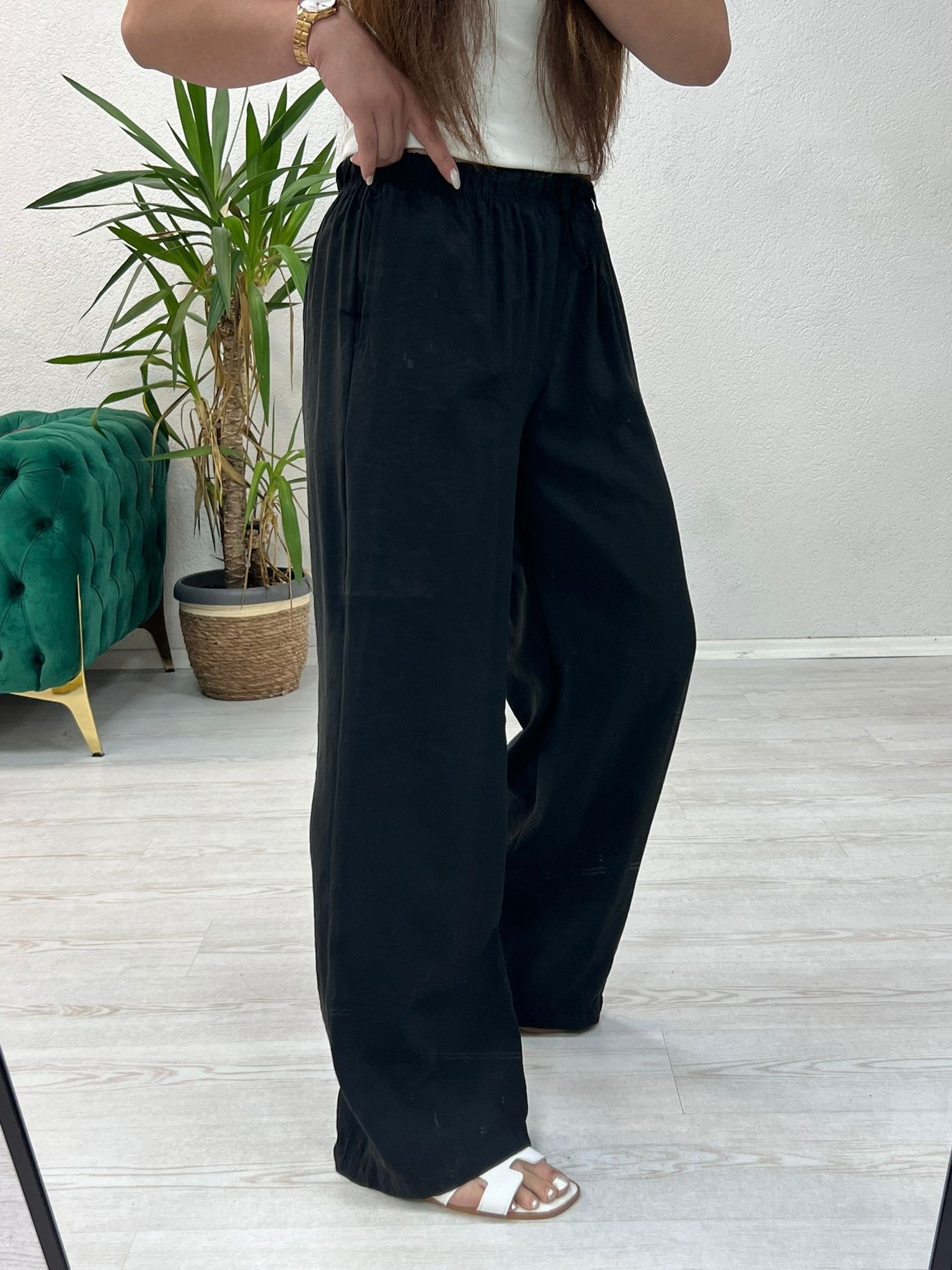BEL LASTİKLİ TENSEL PANTOLON SİYAH - 1433