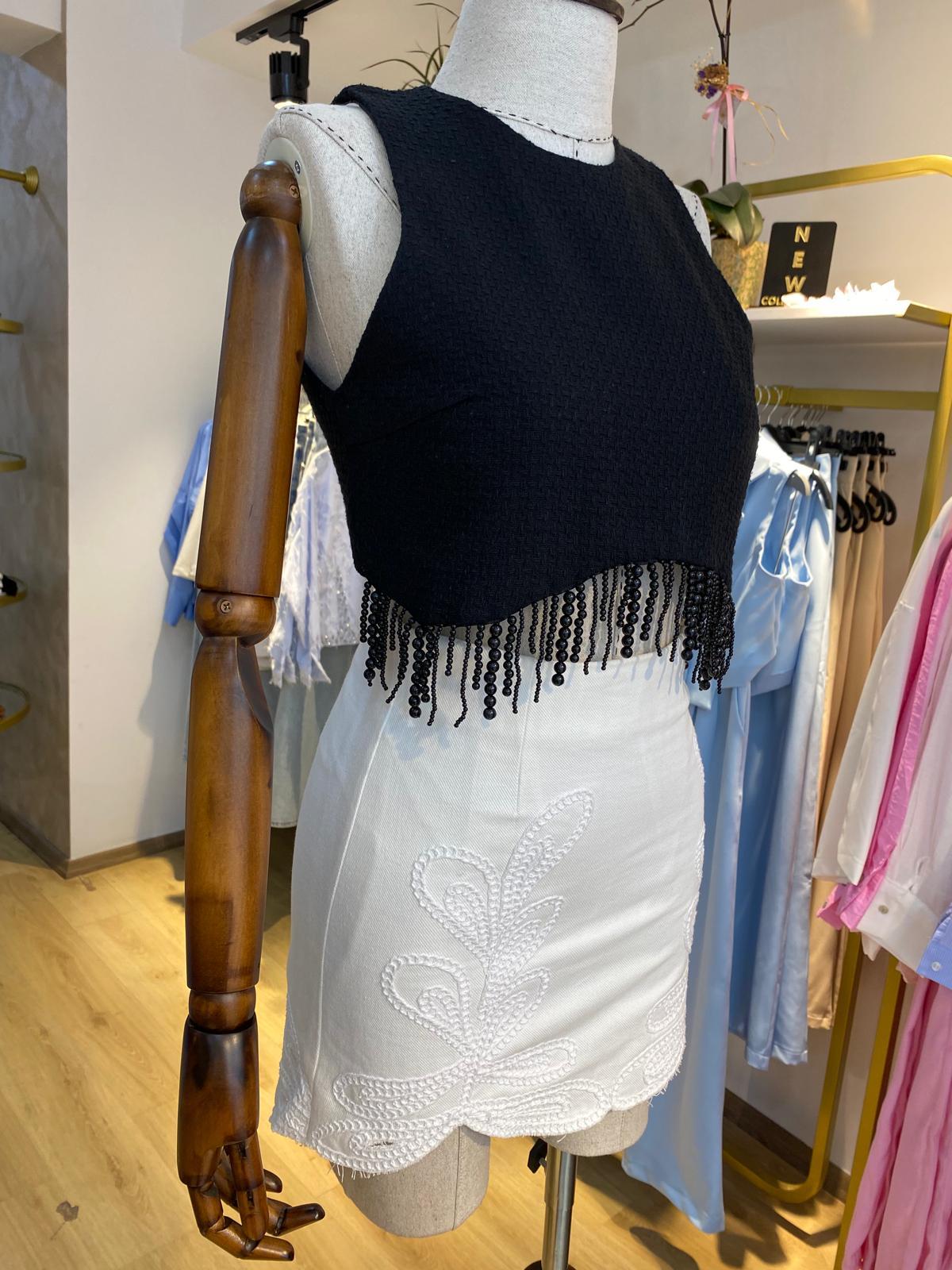 BONCUKLU CROP BLUZ SİYAH - 1047