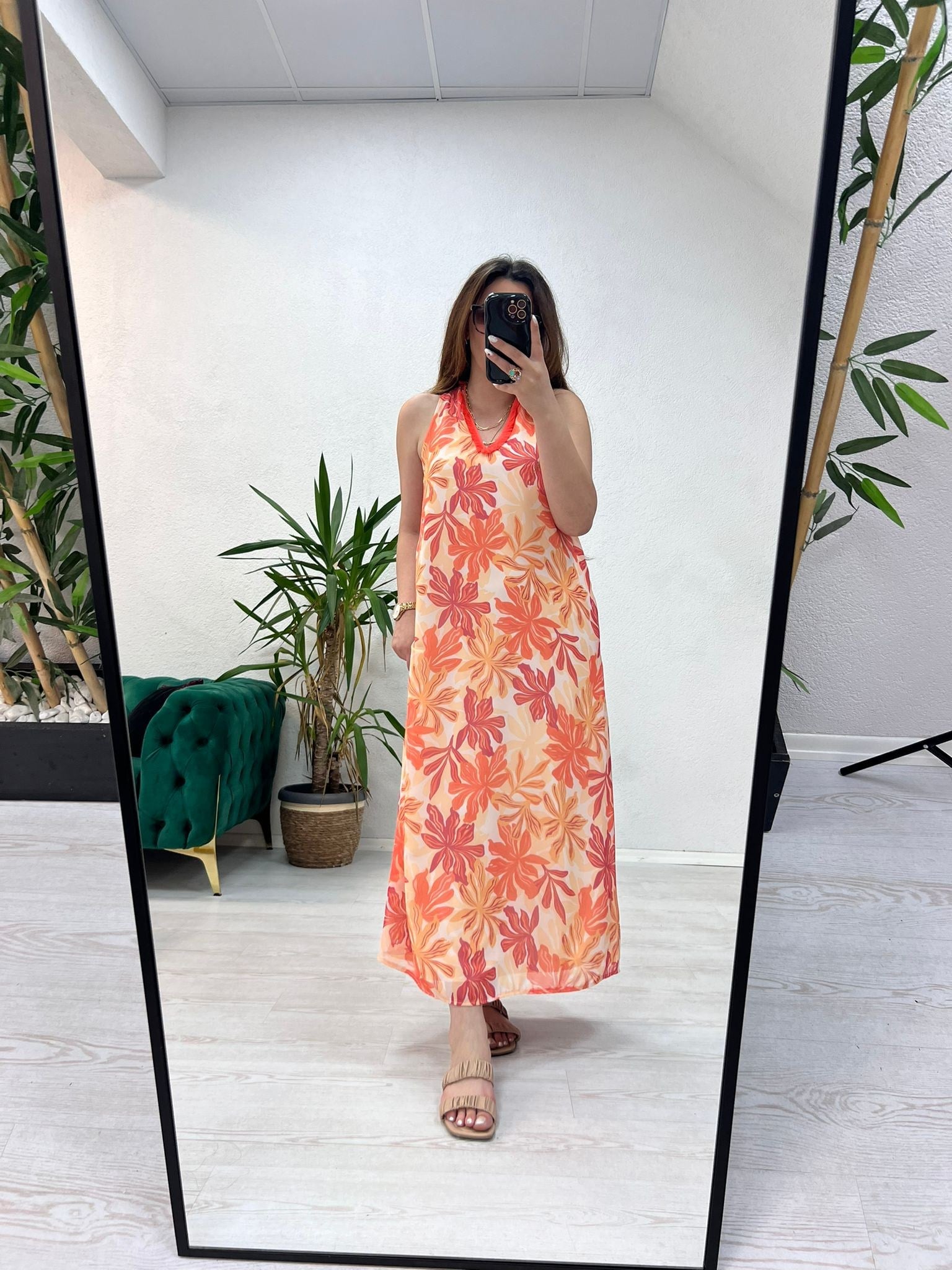 DESENLİ AKIŞKAN ŞİFON ELBİSE TURUNCU - 1420