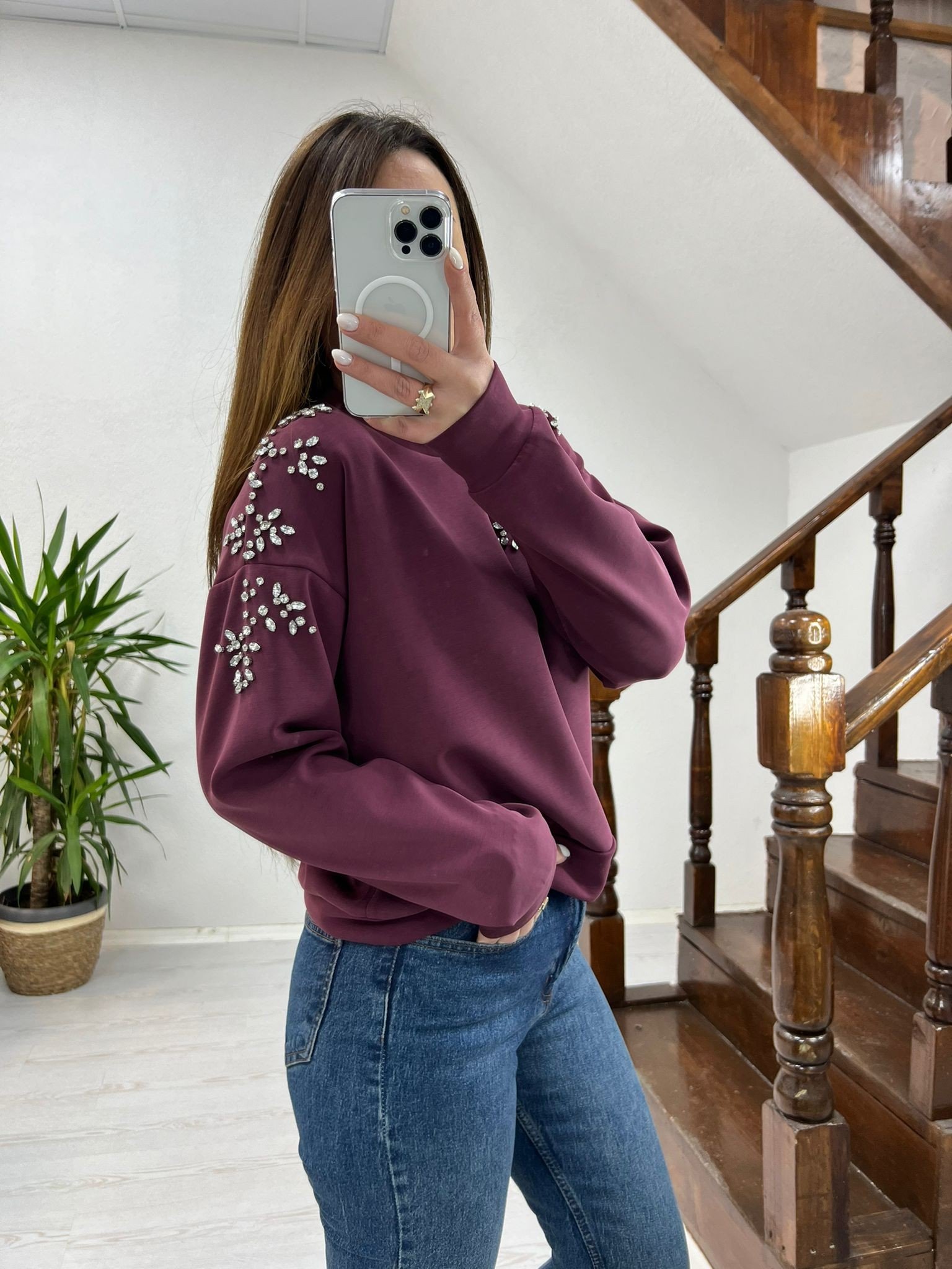 DİKME TAŞ DETAYLI SWEAT BORDO - 1268
