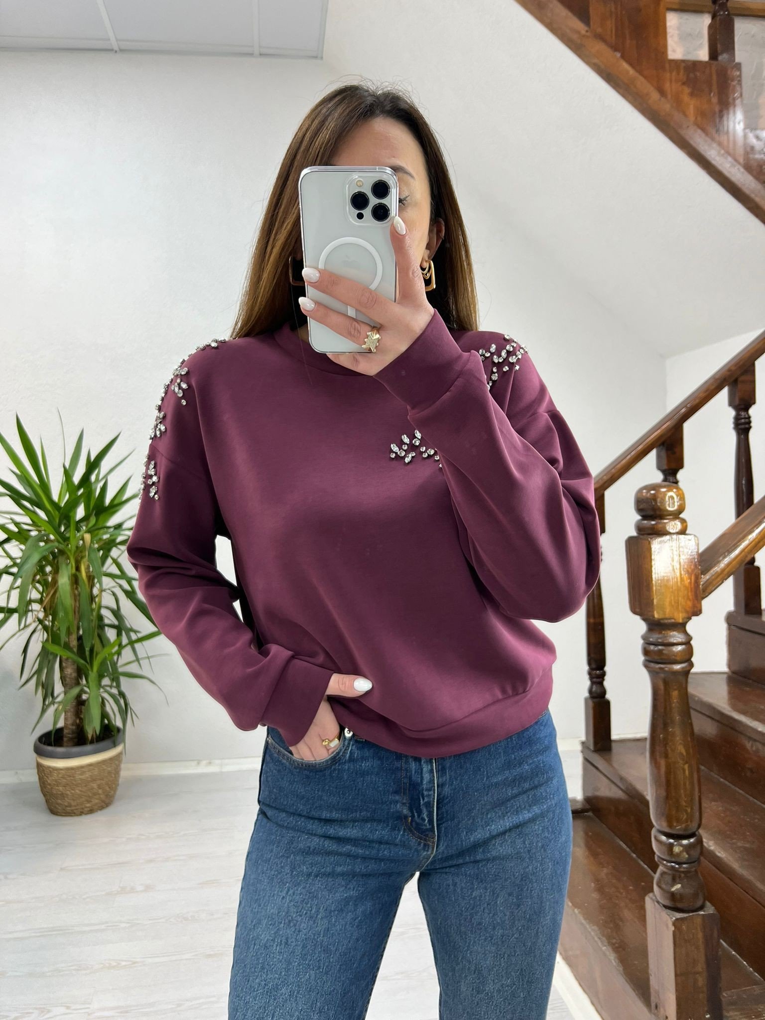 DİKME TAŞ DETAYLI SWEAT BORDO - 1268