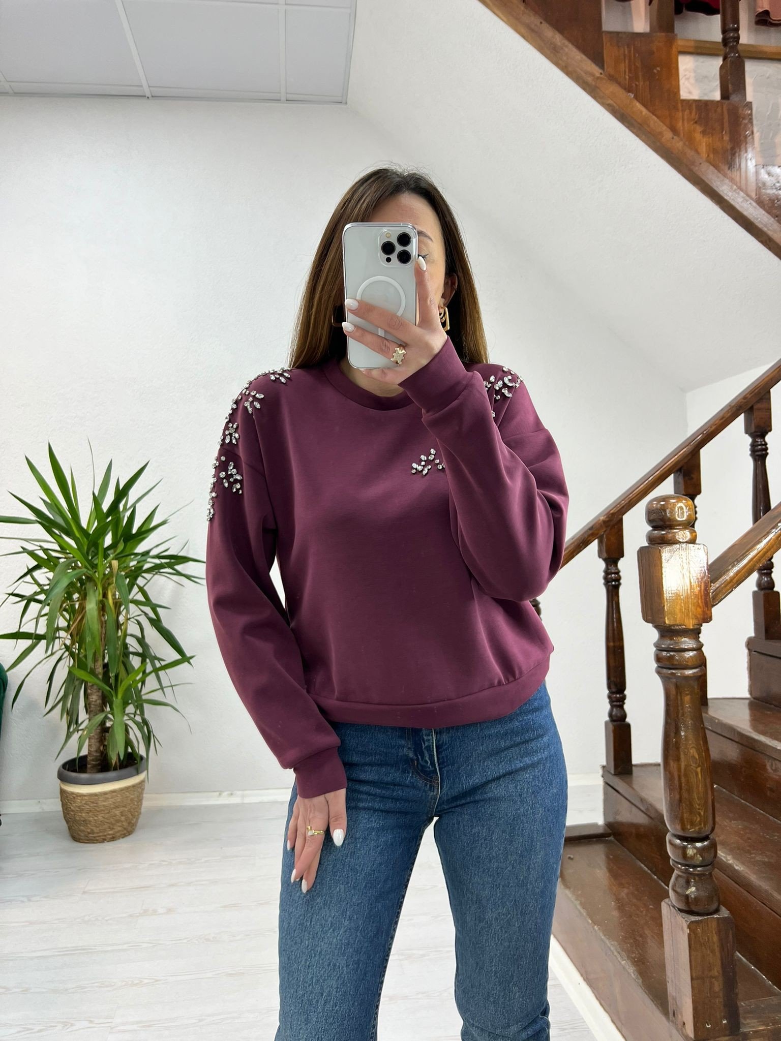 DİKME TAŞ DETAYLI SWEAT BORDO - 1268