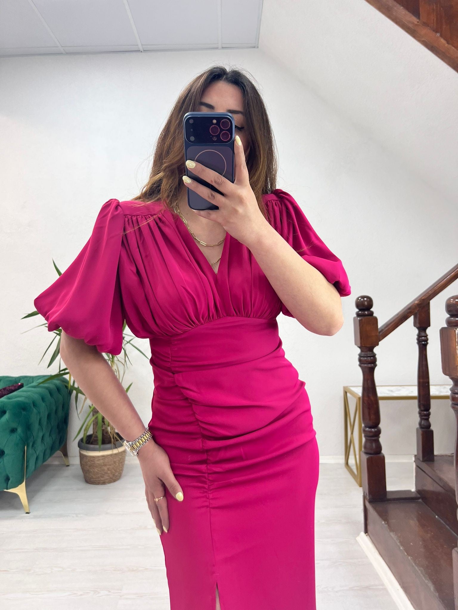 DRAPELİ MİDİ ELBİSE PEMBE - 1377