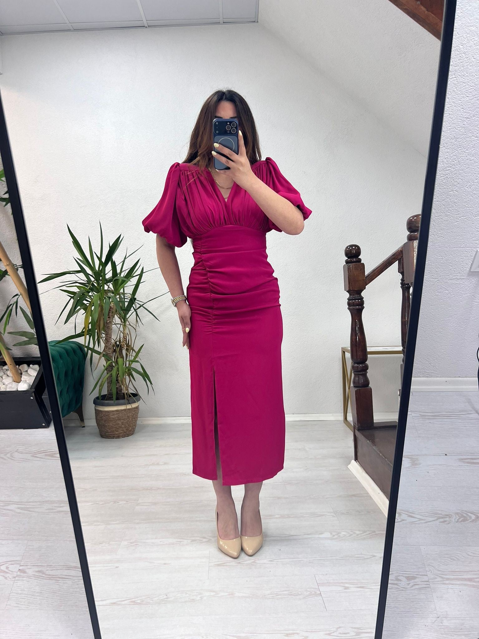 DRAPELİ MİDİ ELBİSE PEMBE - 1377