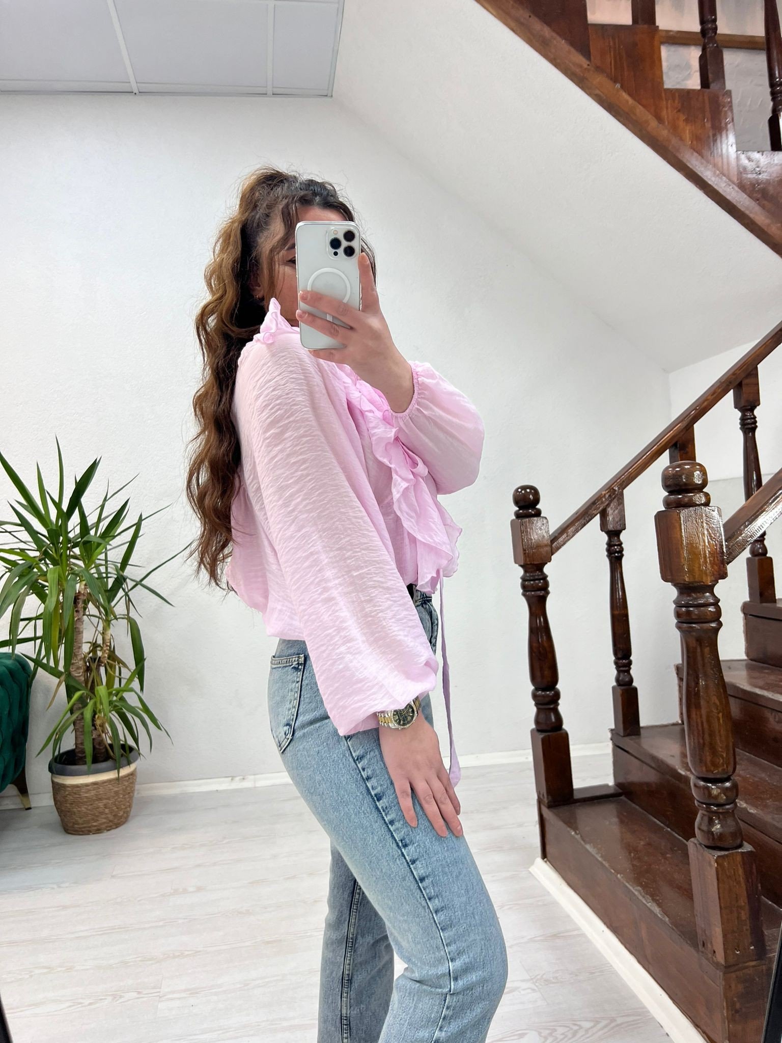 FIRFIRLI BİYELİ GÖMLEK PEMBE - 1337