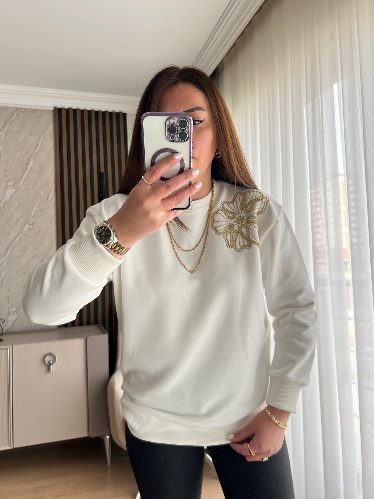 GOLD NAKIŞLI SWEAT BEYAZ  - 1231