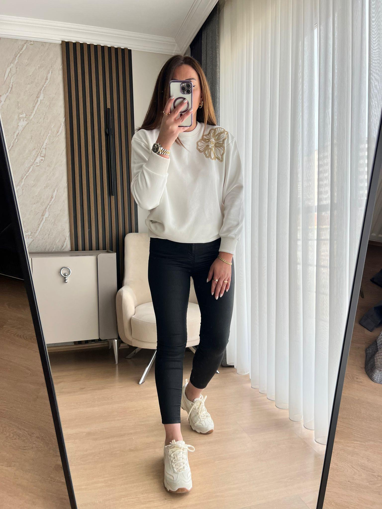 GOLD NAKIŞLI SWEAT BEYAZ  - 1231