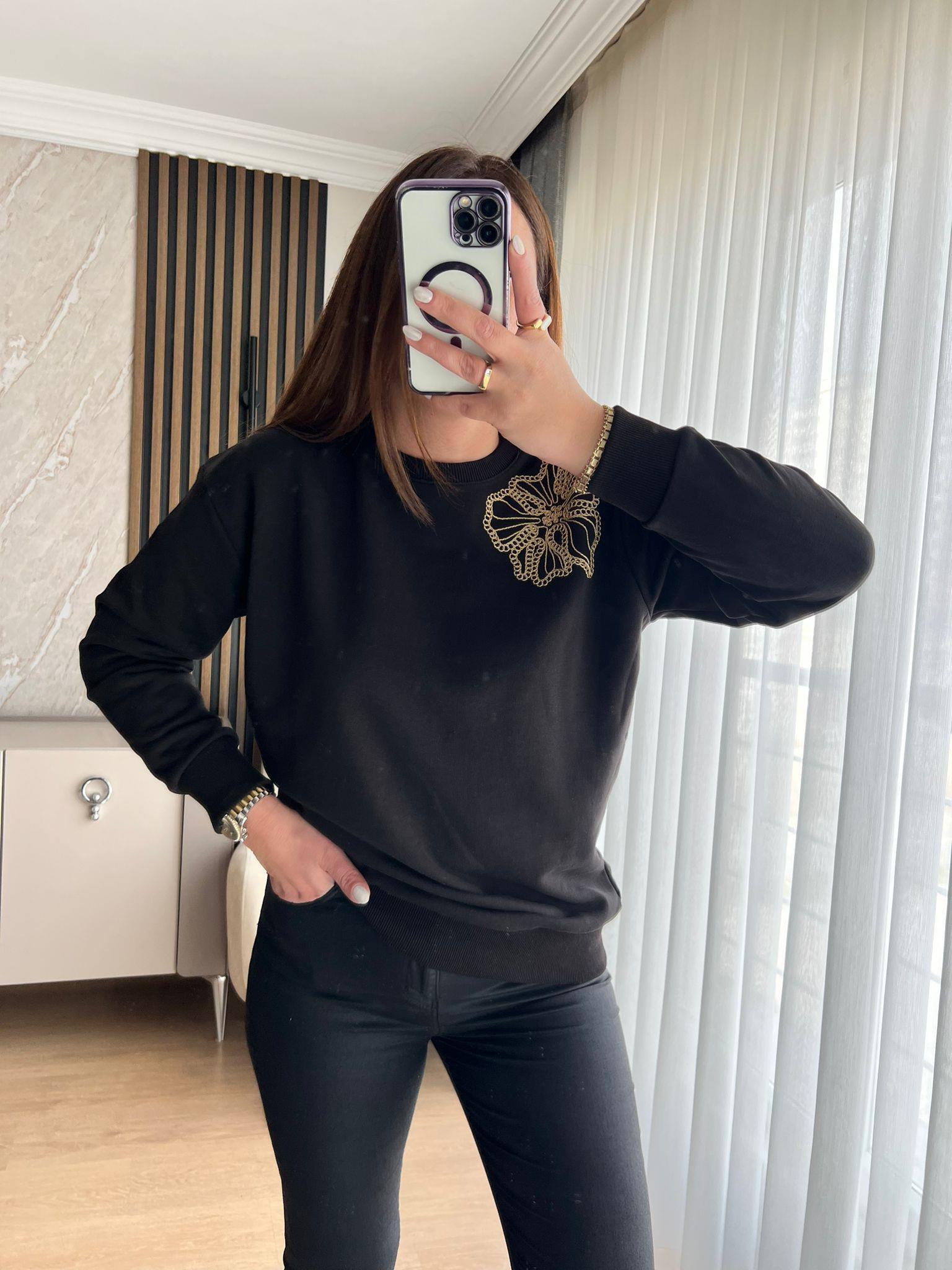 GOLD NAKIŞLI SWEAT SİYAH - 1231