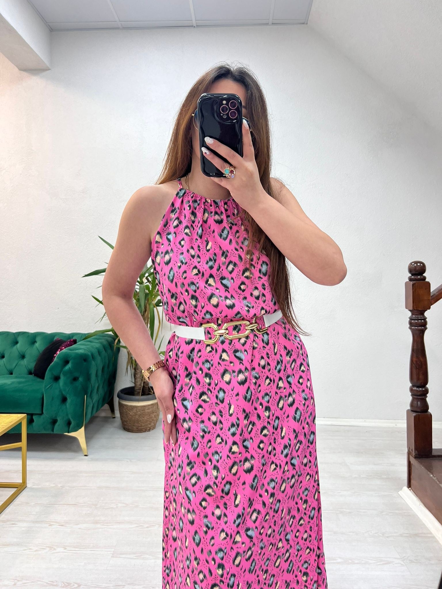 HALTER YAKA DESENLİ ELBİSE PEMBE - 1421