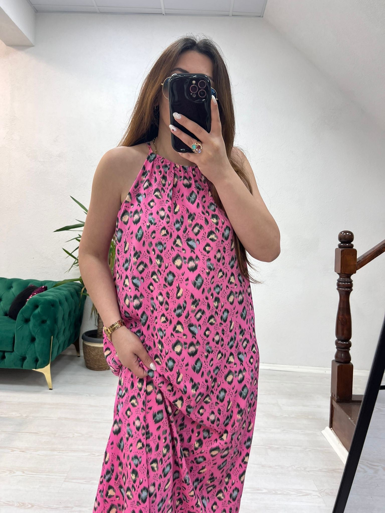 HALTER YAKA DESENLİ ELBİSE PEMBE - 1421