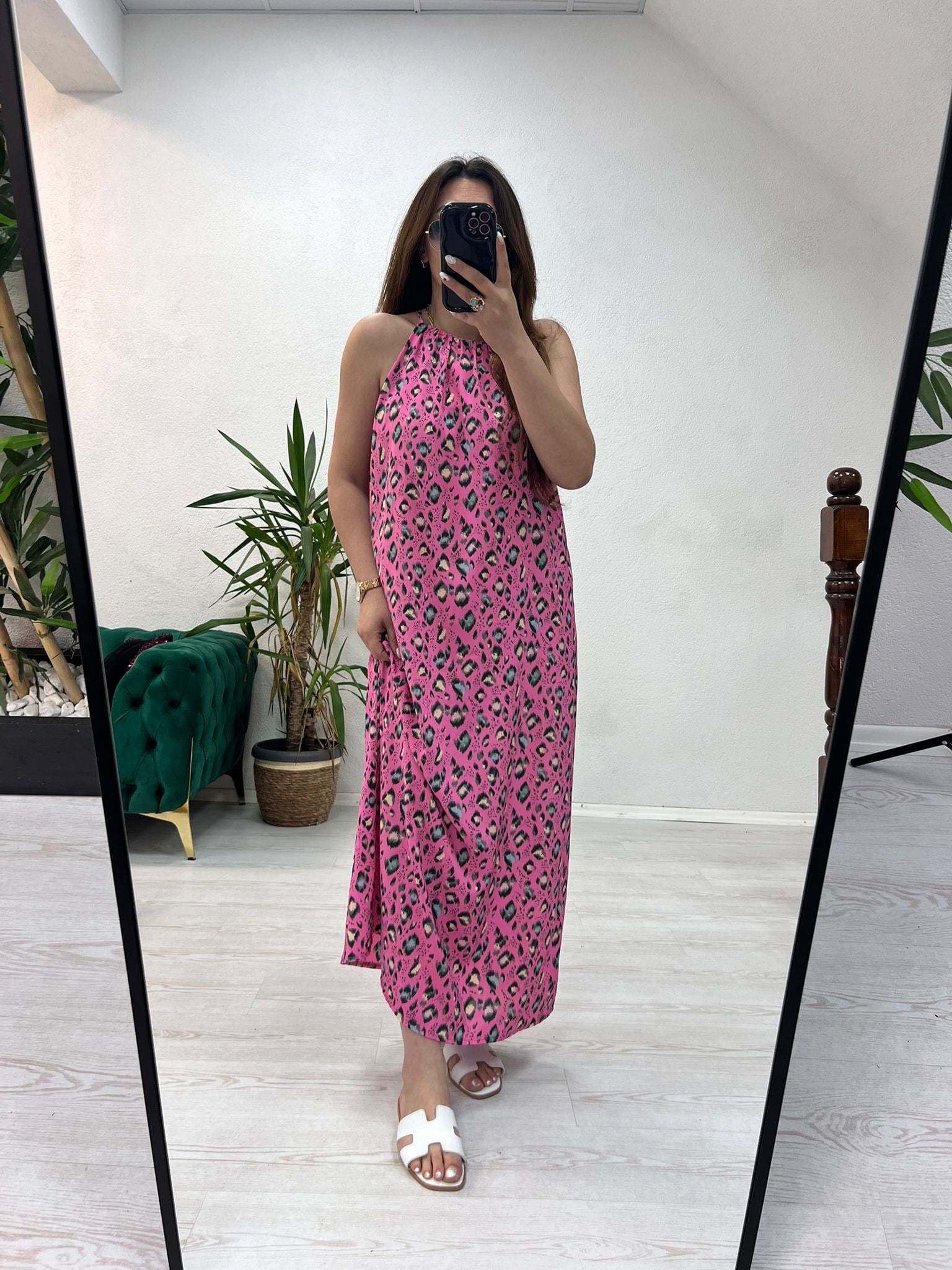 HALTER YAKA DESENLİ ELBİSE PEMBE - 1421
