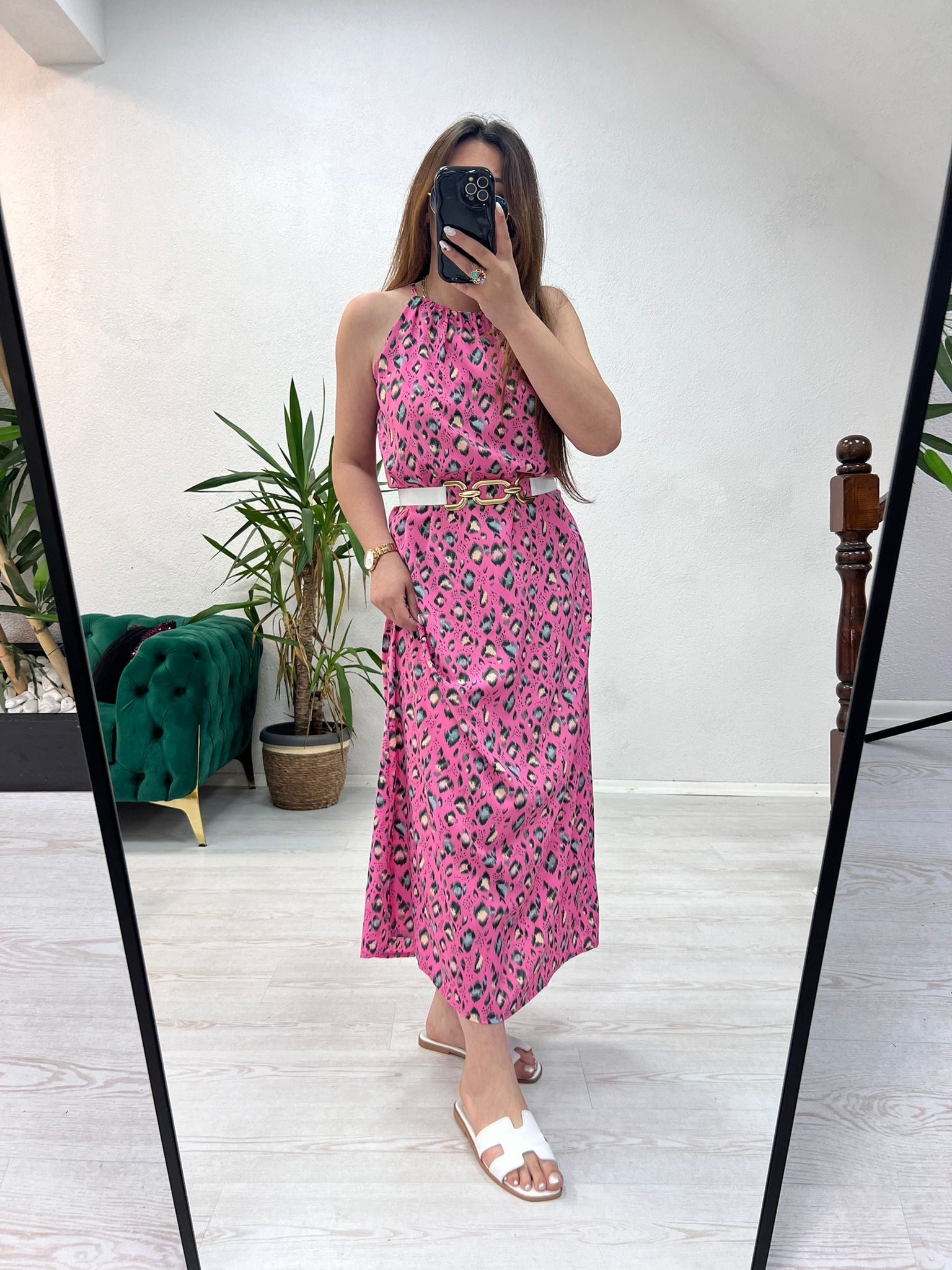 HALTER YAKA DESENLİ ELBİSE PEMBE - 1421