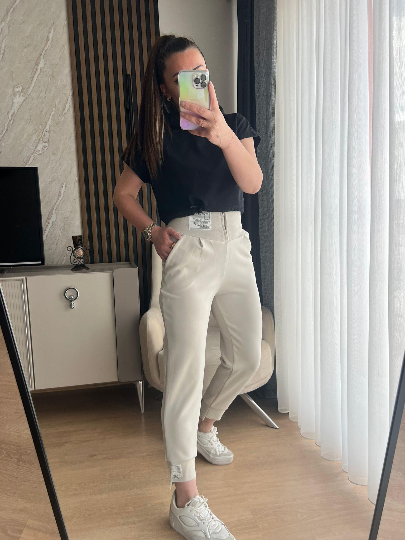 korse detay modal pantolon ekru- 1124