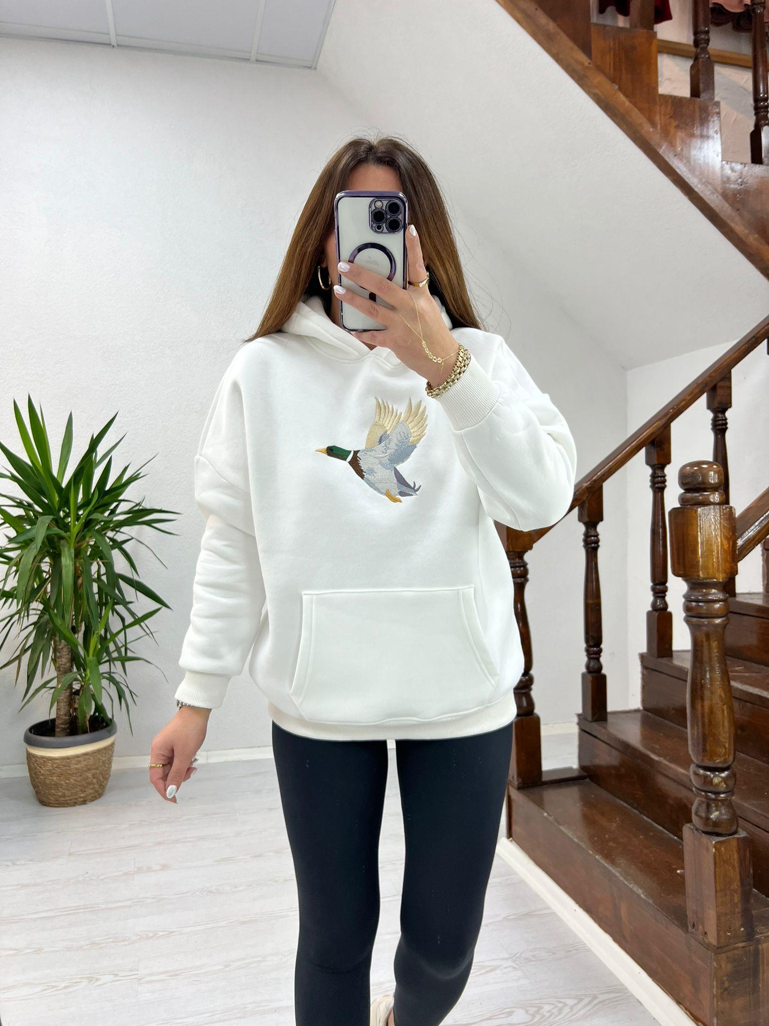 KUŞ DETAYLI KAPÜŞONLU SWEAT BEYAZ - 1241