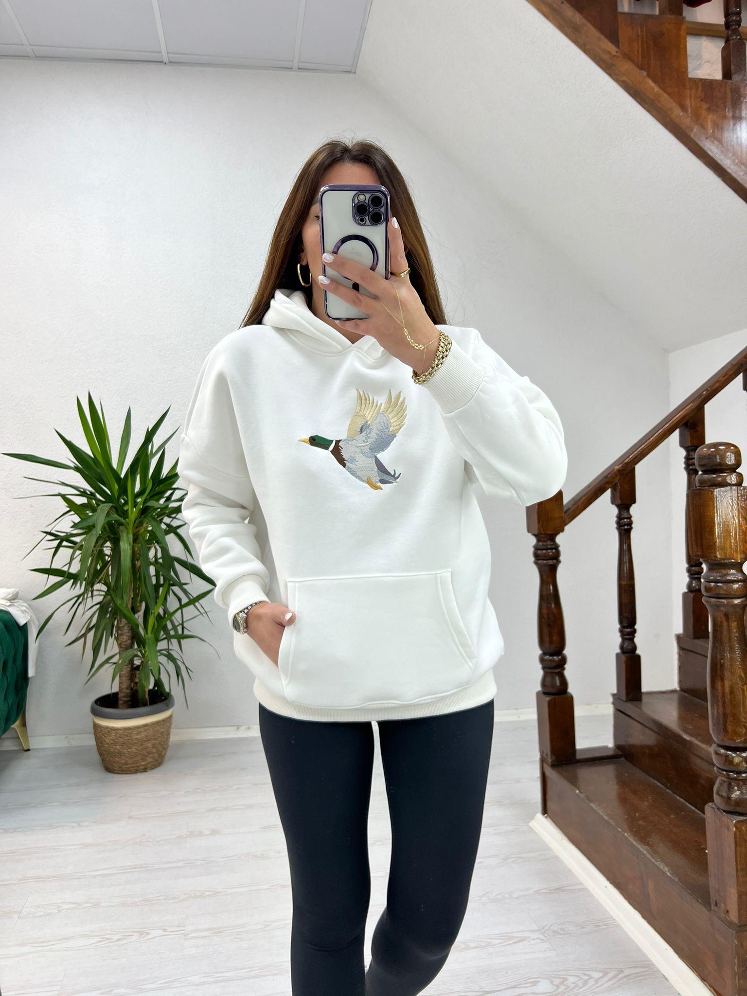 KUŞ DETAYLI KAPÜŞONLU SWEAT BEYAZ - 1241