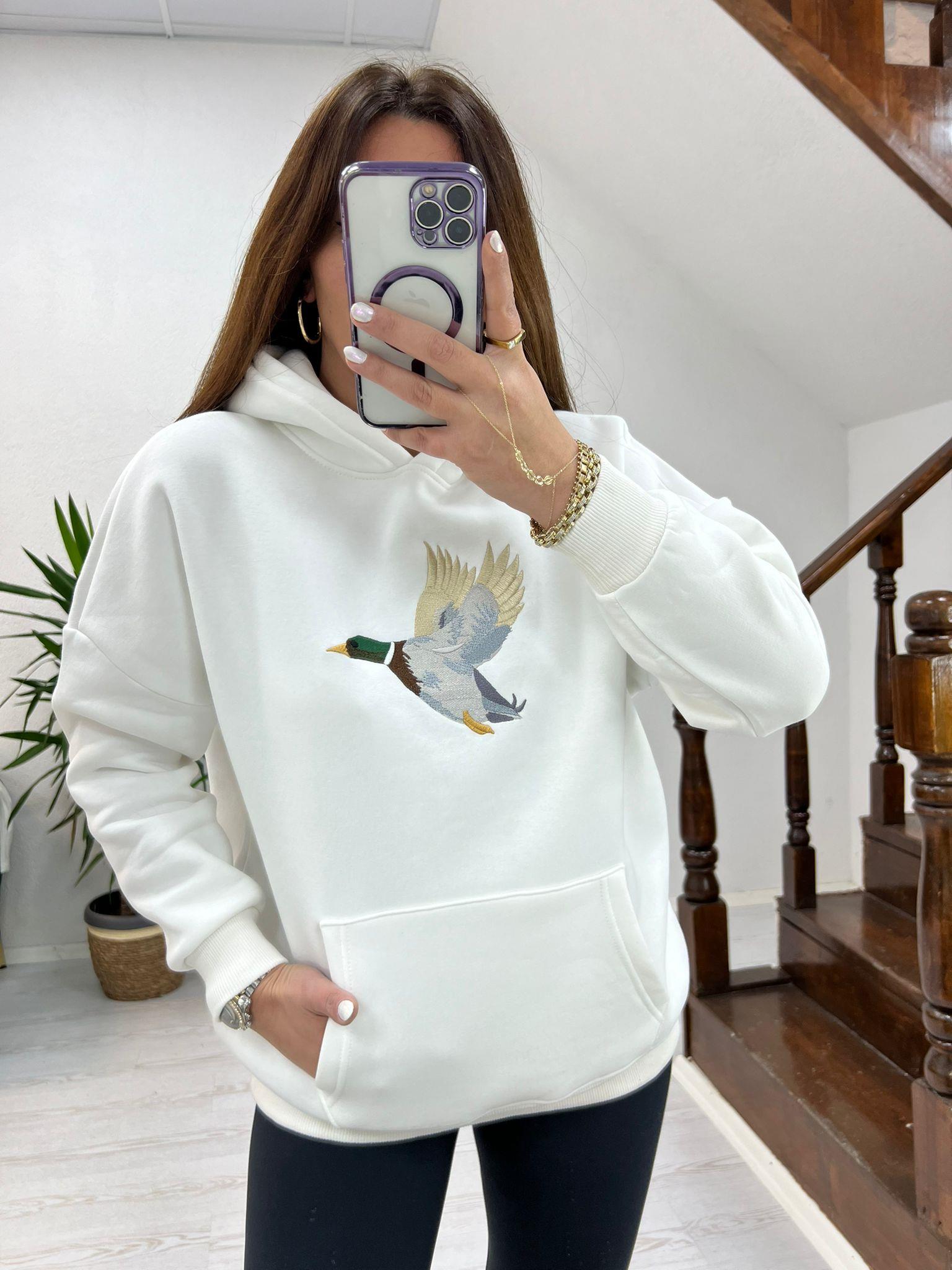 KUŞ DETAYLI KAPÜŞONLU SWEAT BEYAZ - 1241