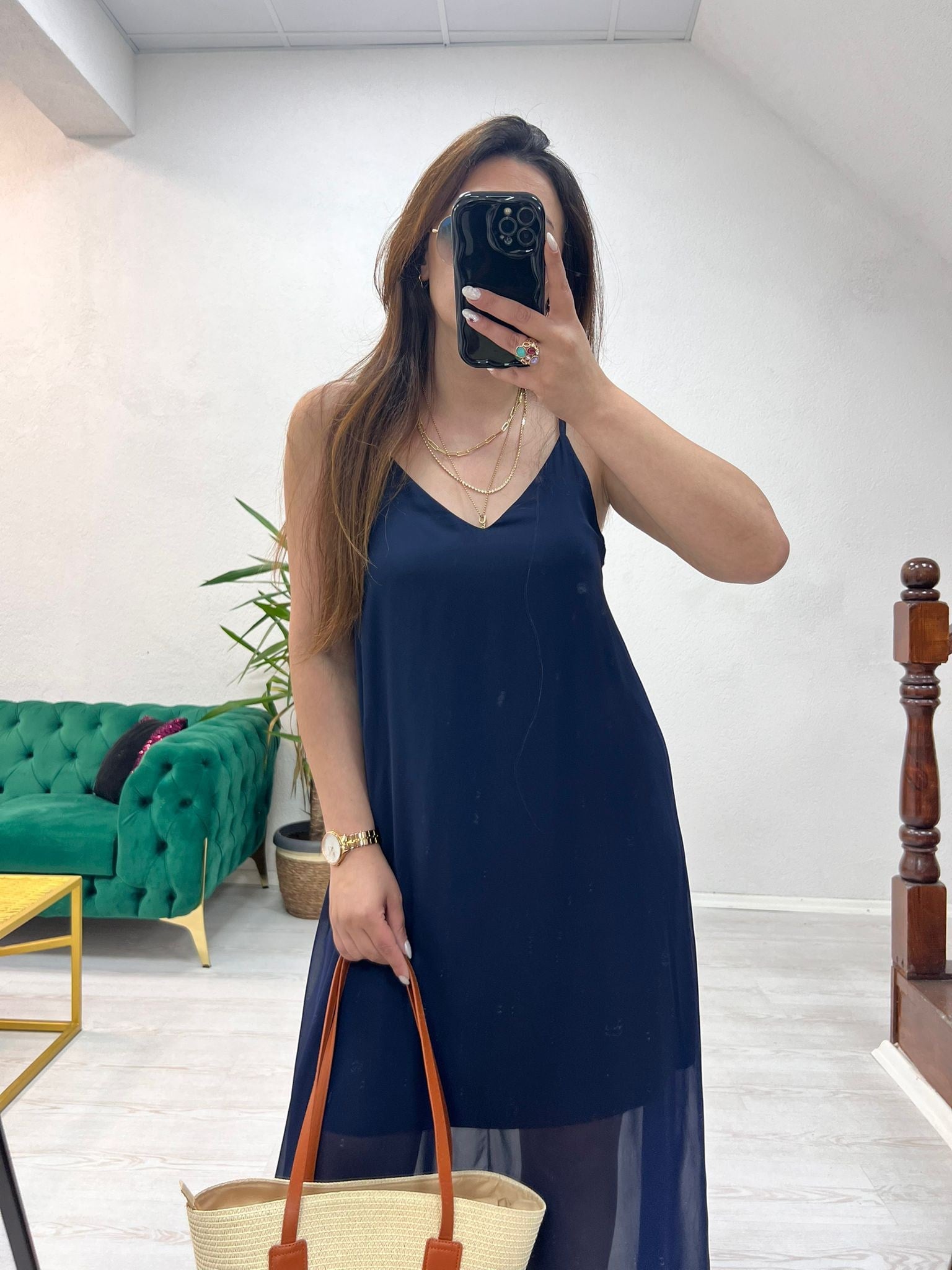 LACİVERT ASTARLI ŞİFON ELBİSE - 1422