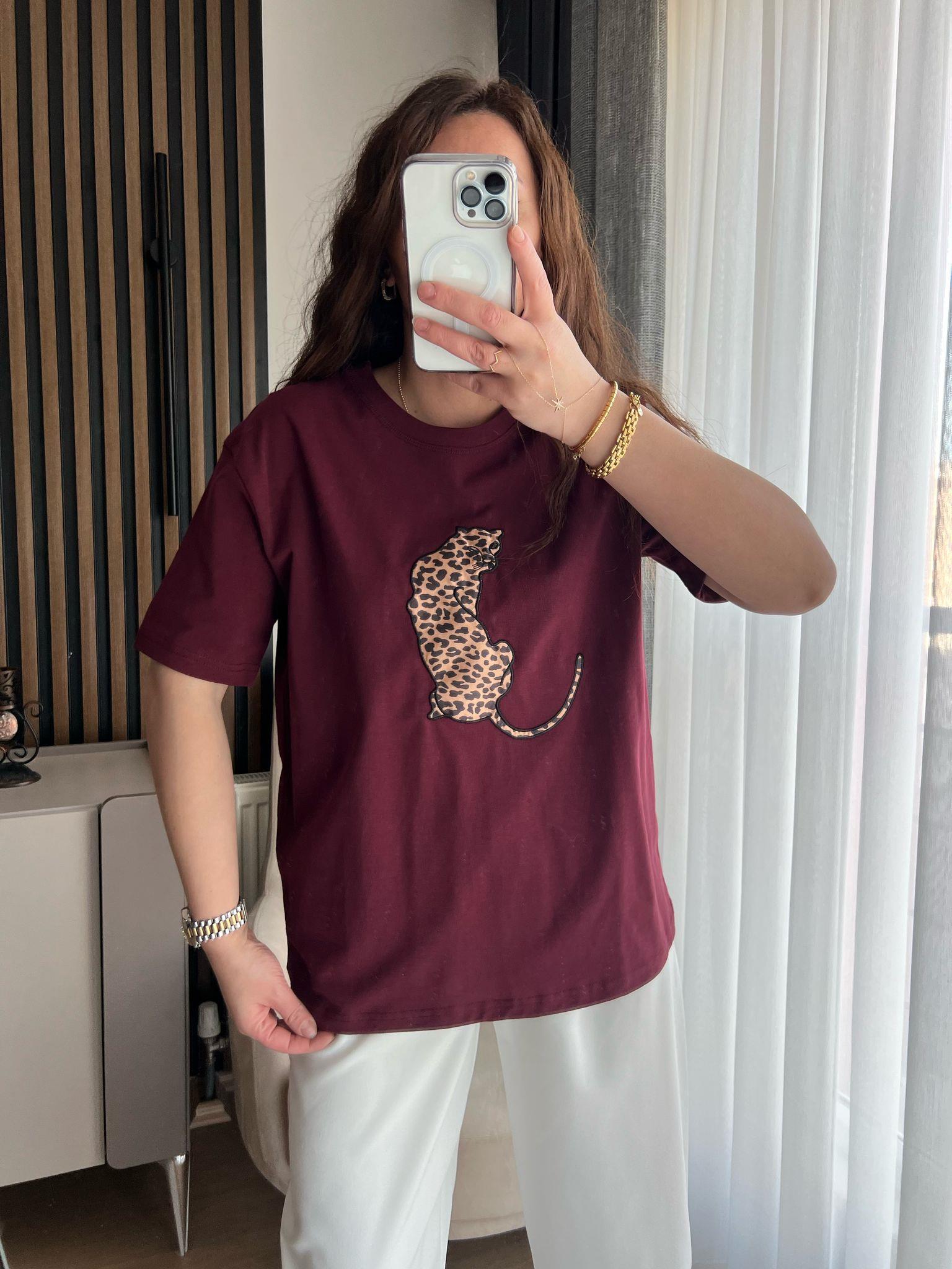 LEOPAR DESEN BORDO TSHİRT
