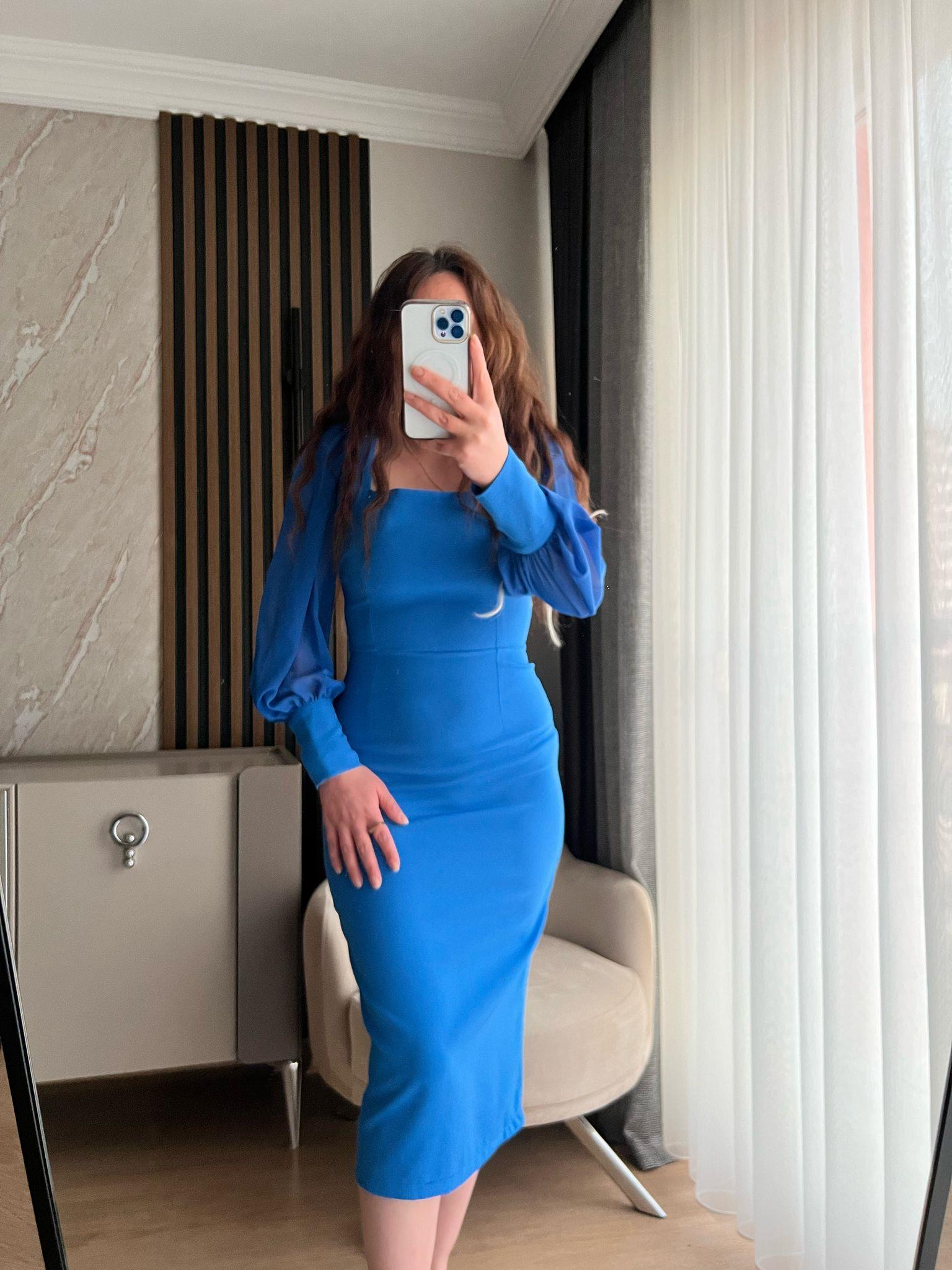 Mavi kol sifon elbise 1056