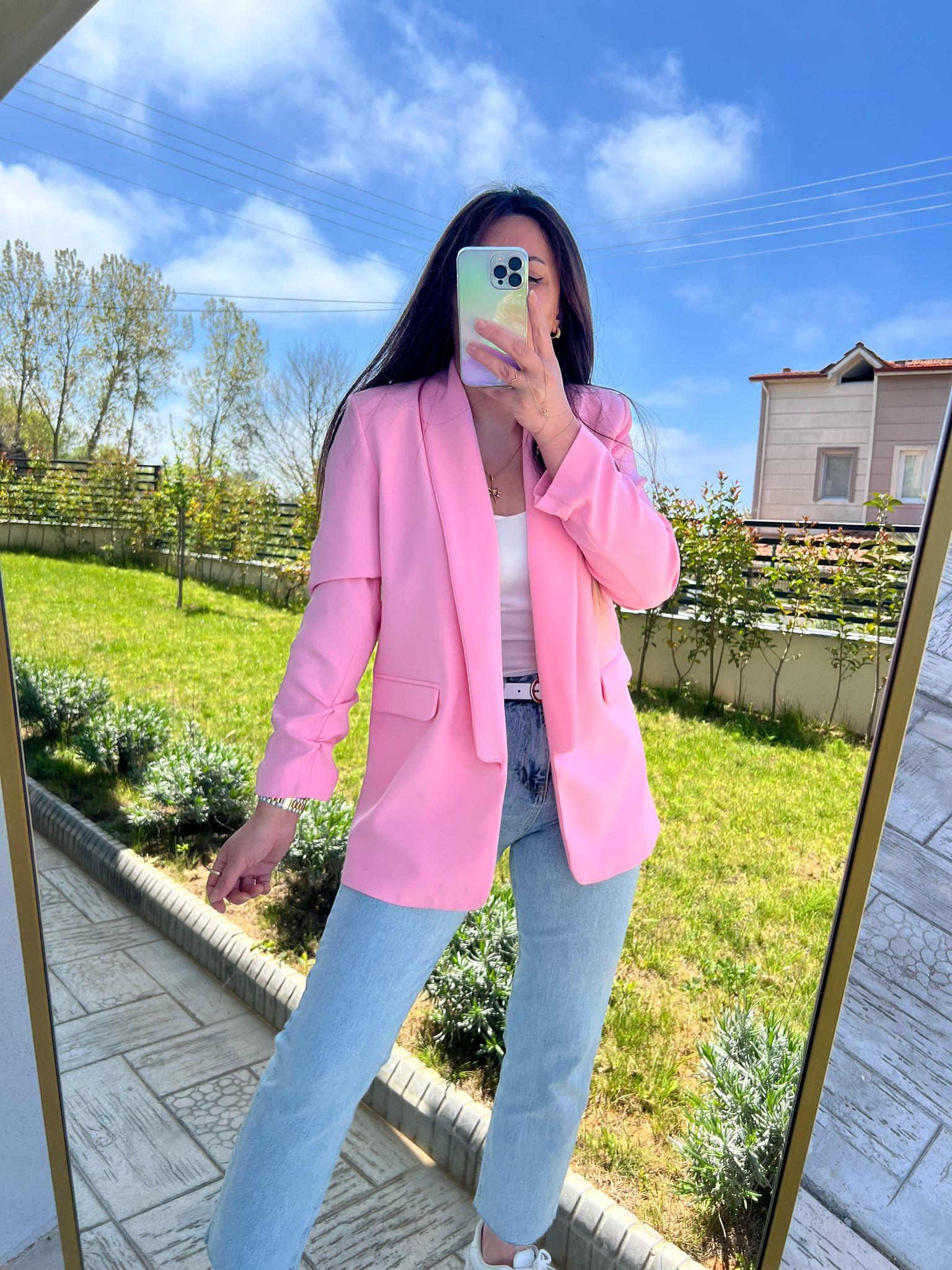 pembe kol büzgülü blazer ceket - 1099