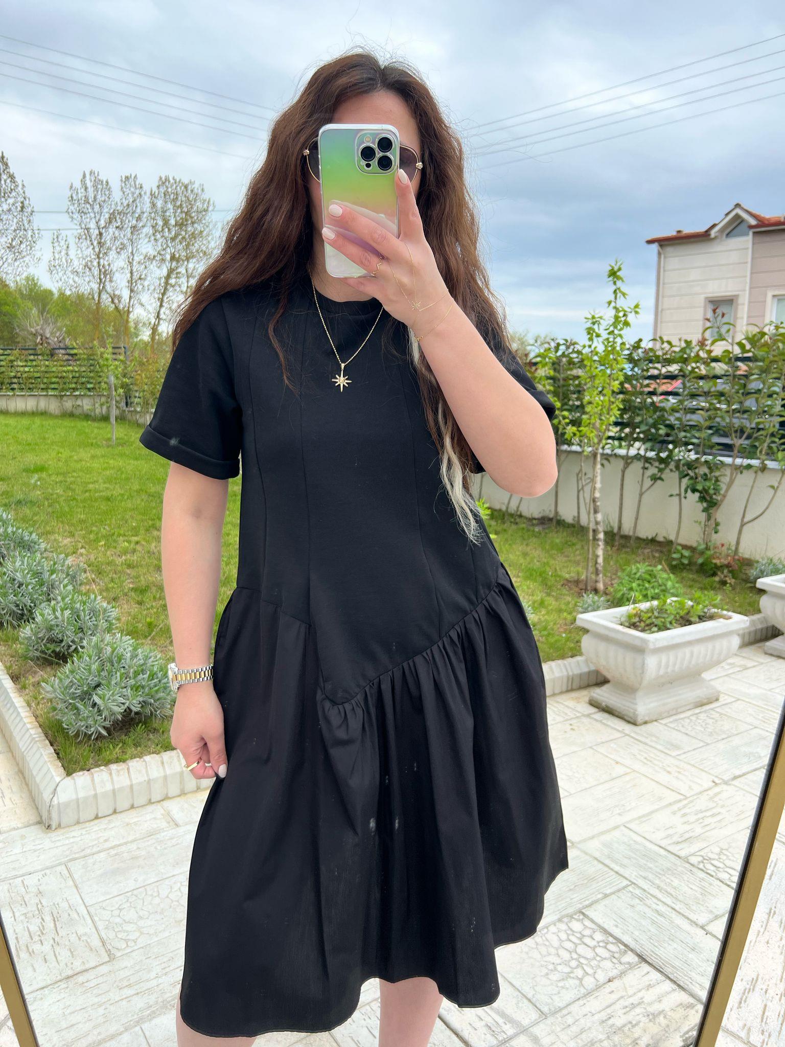 Poplin mix elbise siyah 1090