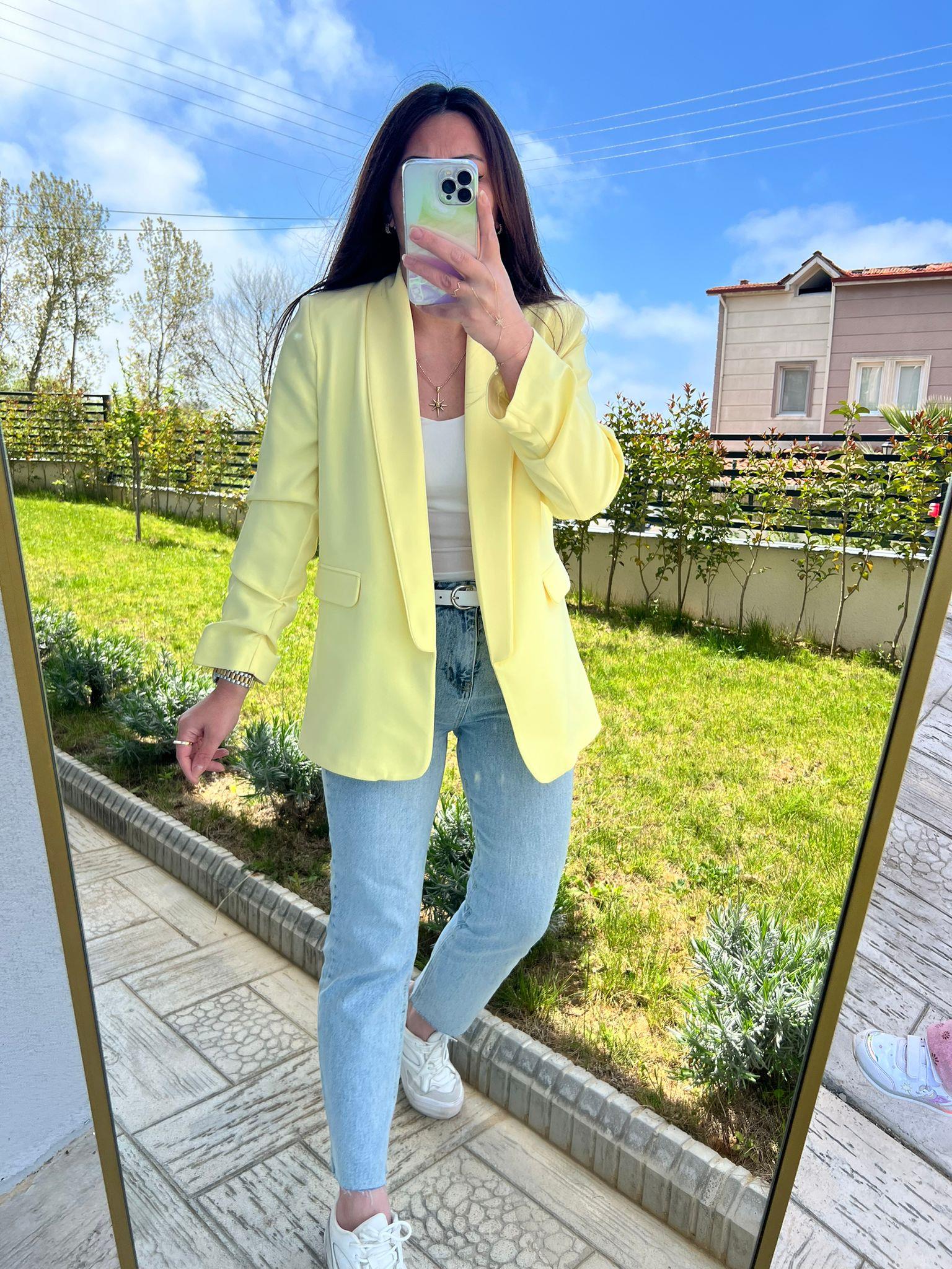 sarı kol büzgülü blazer ceket - 1099