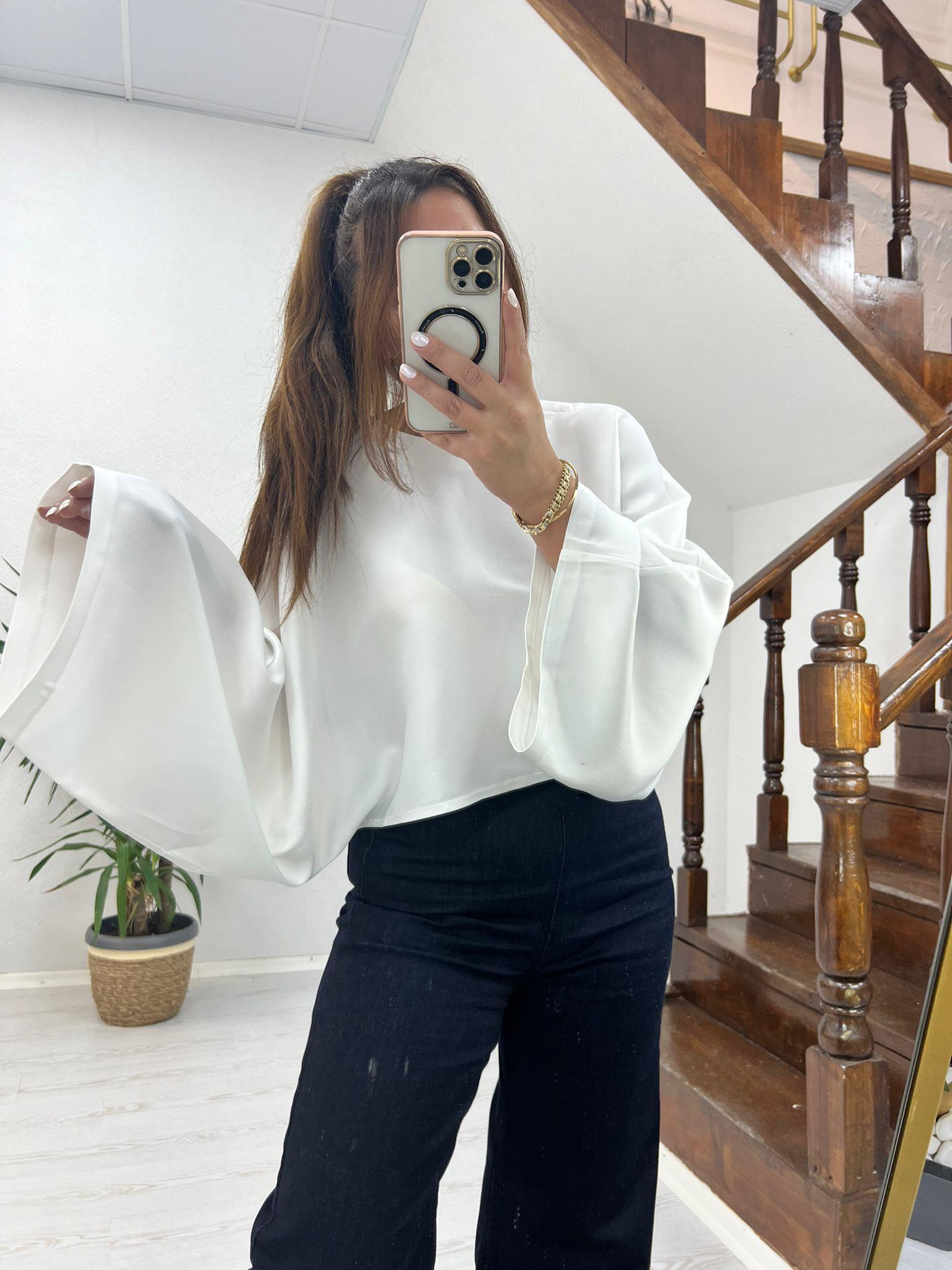 SATEN YARASA KOL BLUZ BEYAZ - 1196
