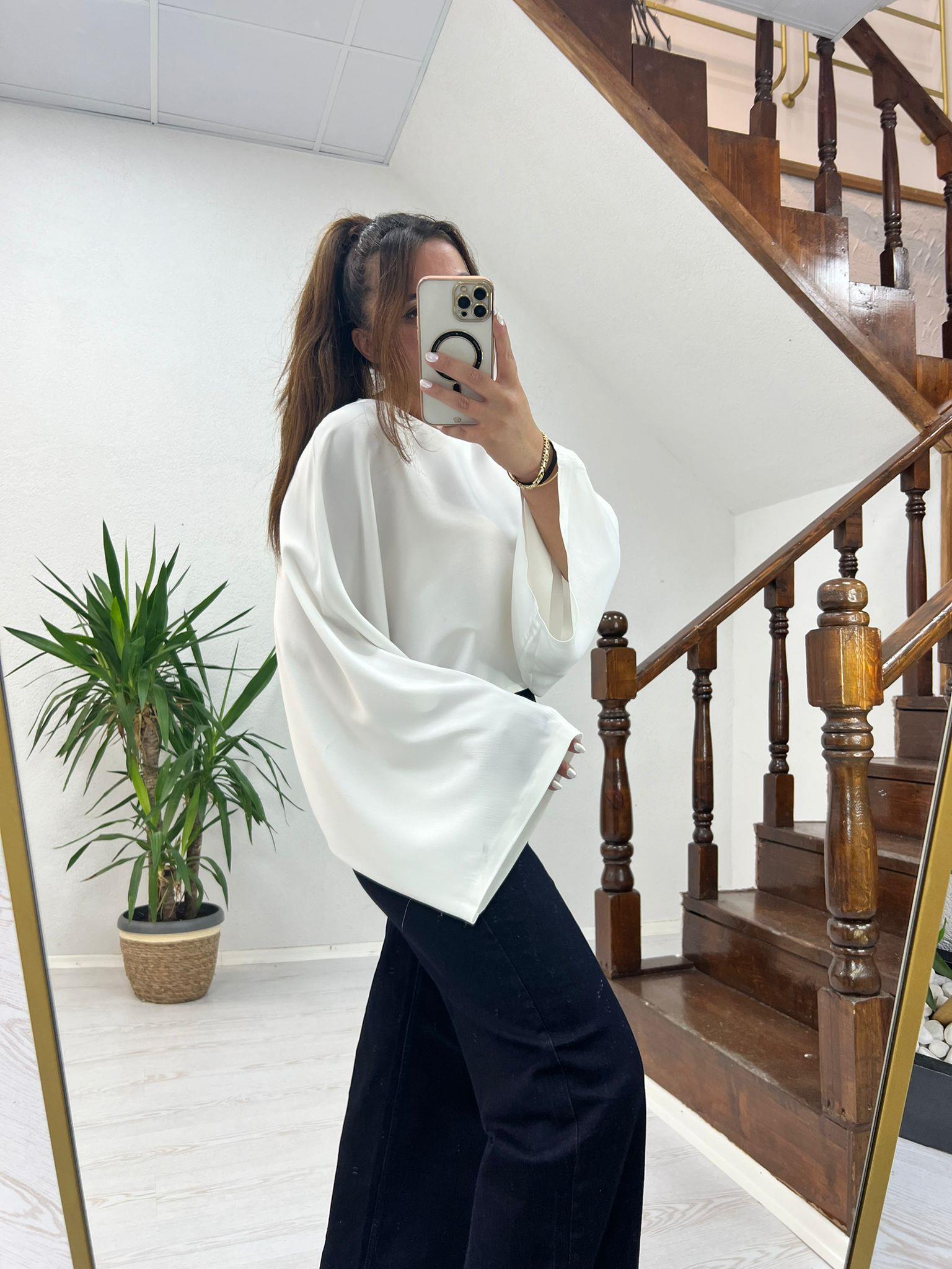 SATEN YARASA KOL BLUZ BEYAZ - 1196