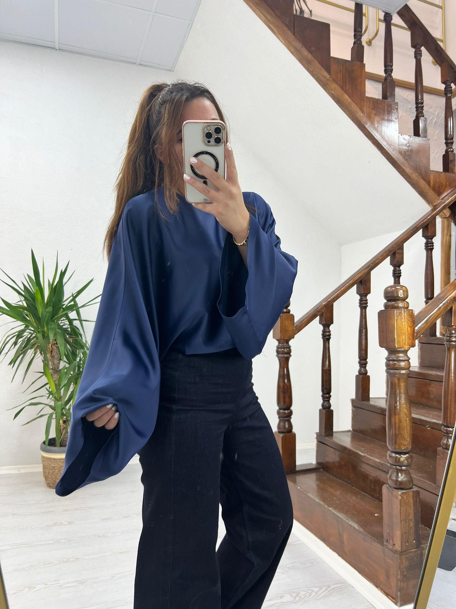 SATEN YARASA KOL BLUZ LACİVERT -1196