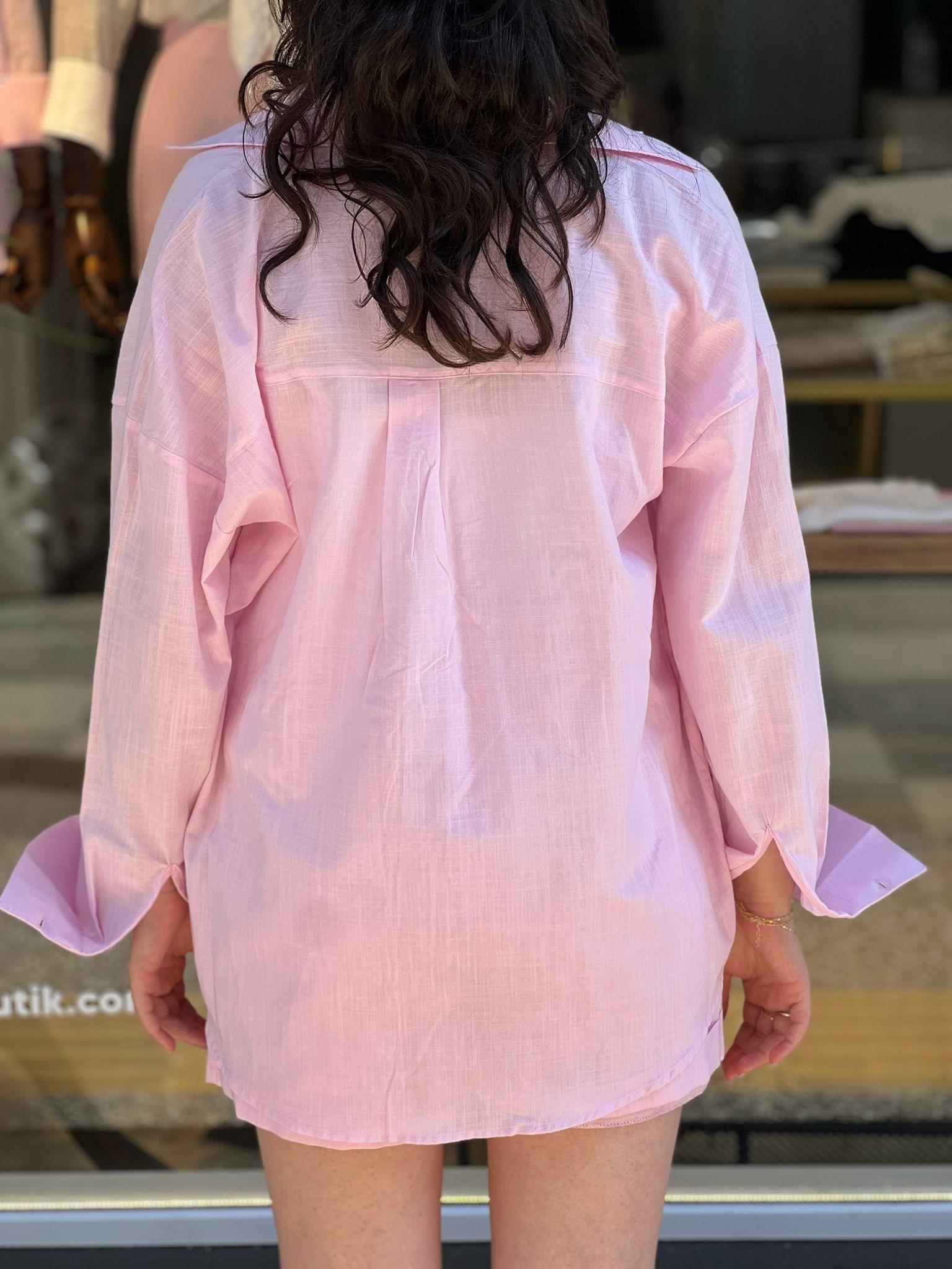 ŞORTLU KETEN TAKIM PEMBE - 1150