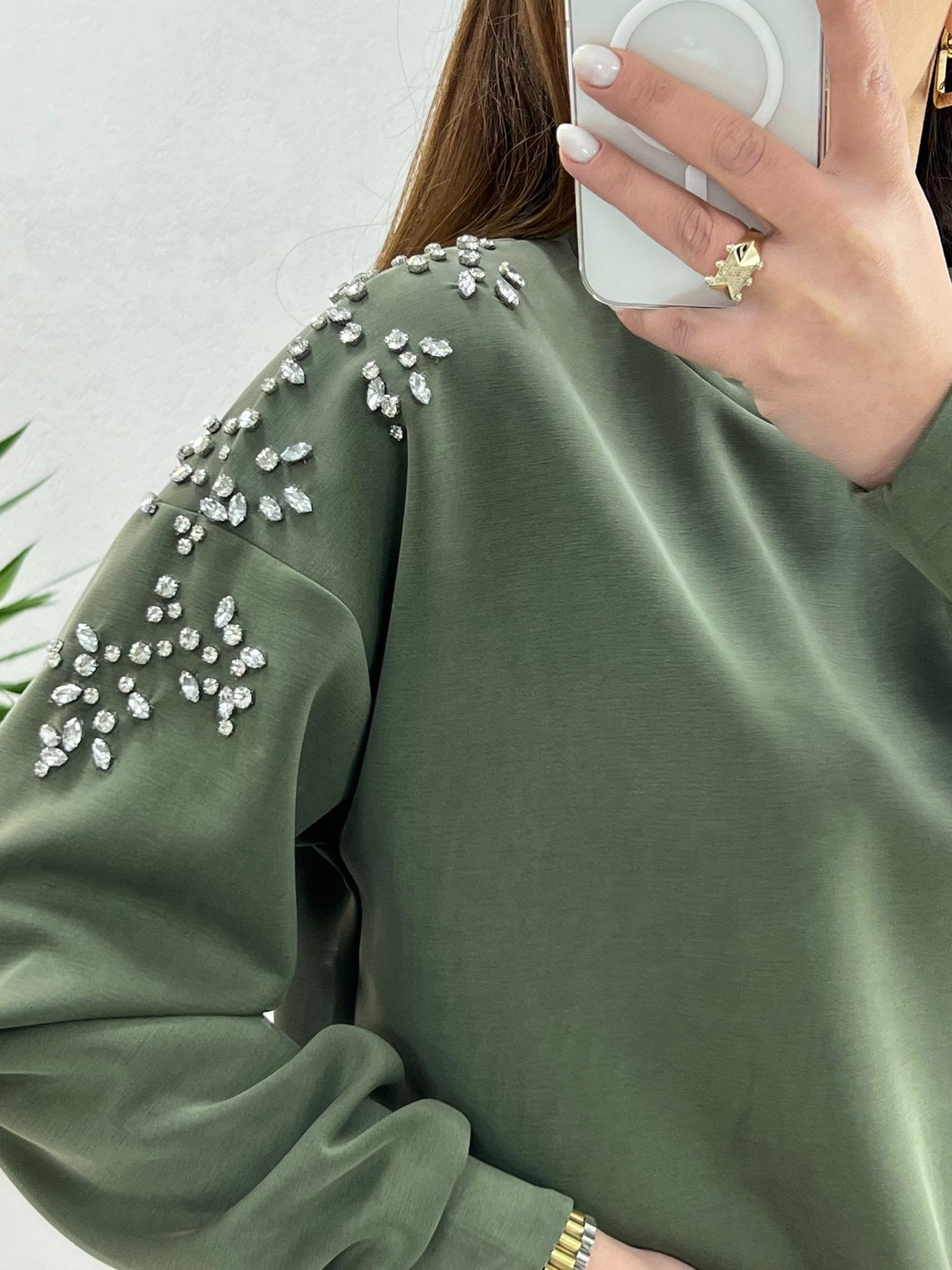TAŞ DETAYLI SWEAT YEŞİL - 1268