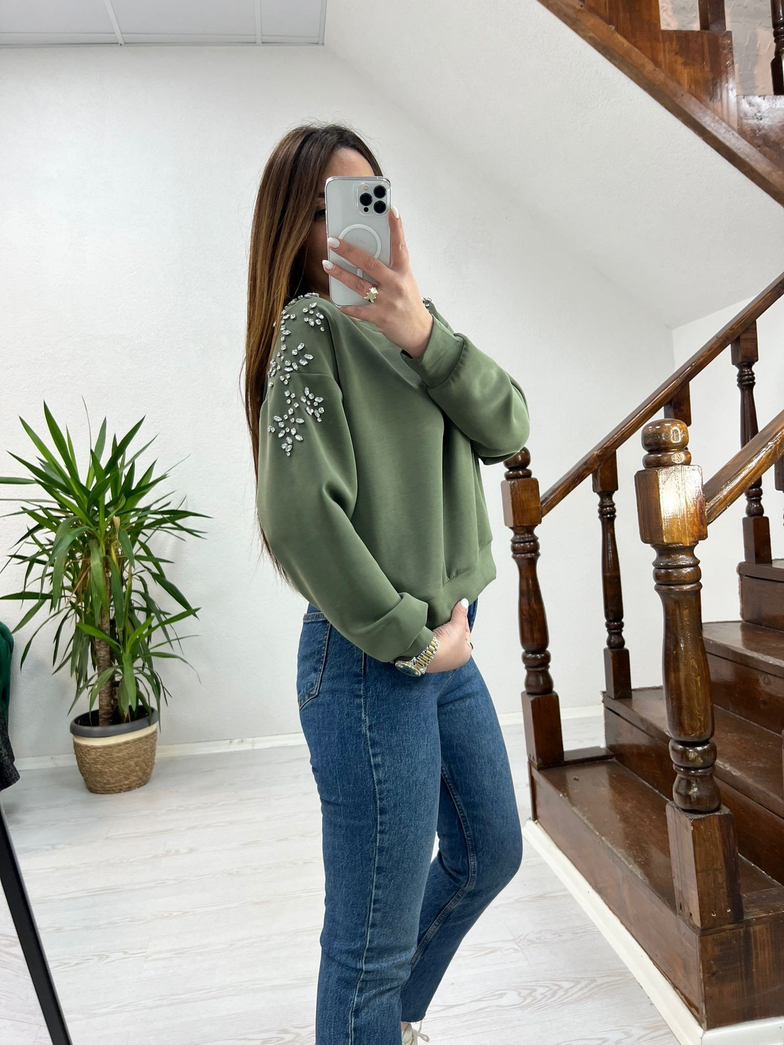 TAŞ DETAYLI SWEAT YEŞİL - 1268