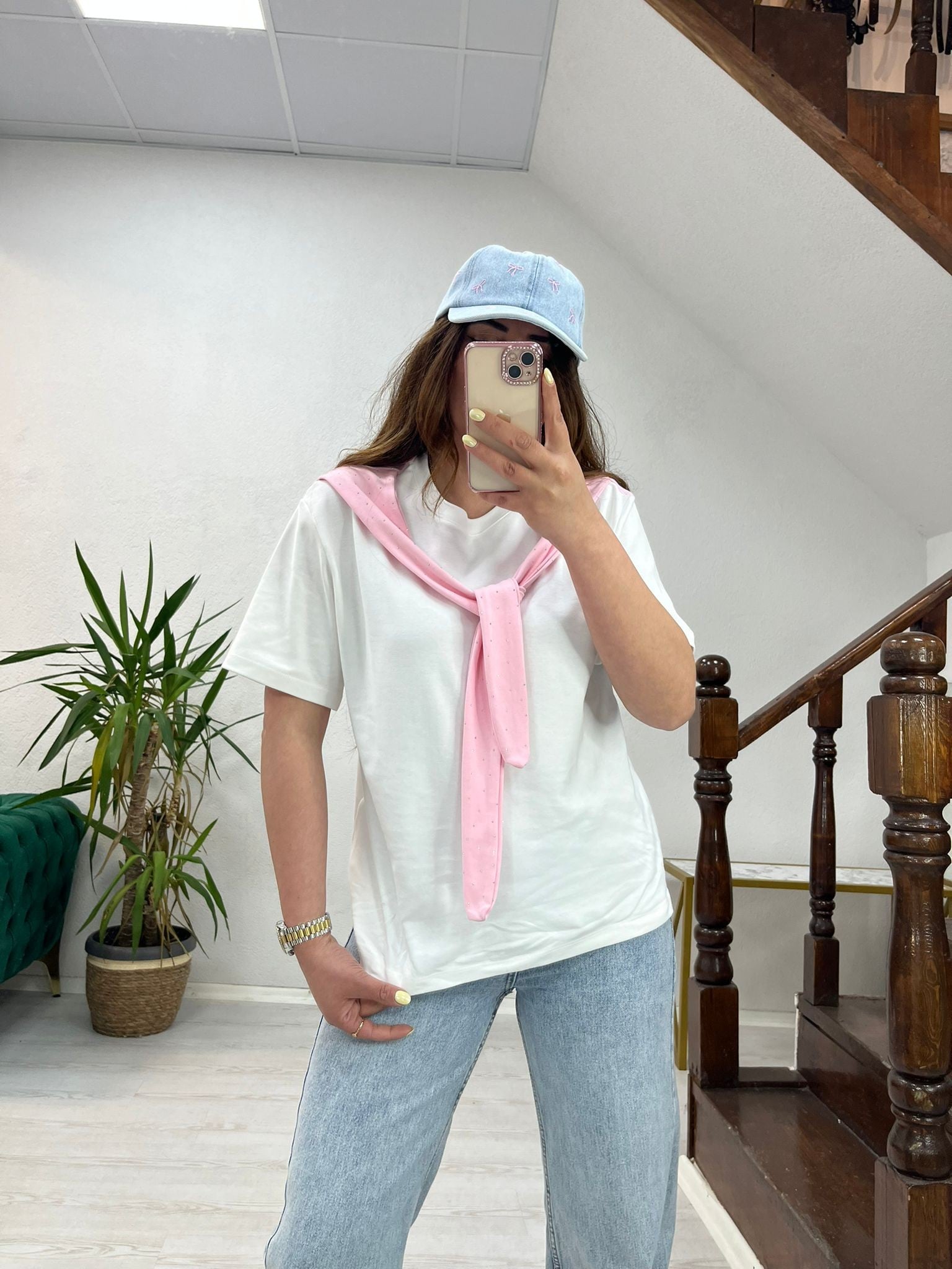 TAŞLI ATKI DETAY T-SHİRT PEMBE - 1376