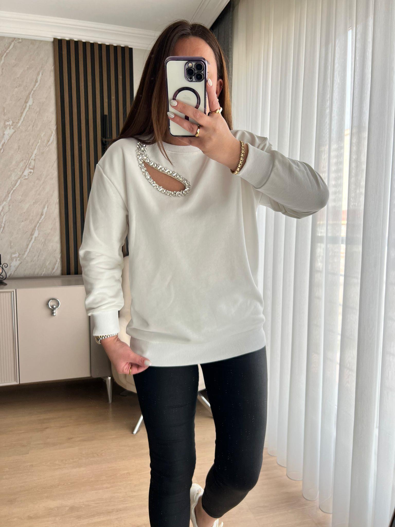 TAŞLI PENCERELİ SWEAT BEYAZ - 1232