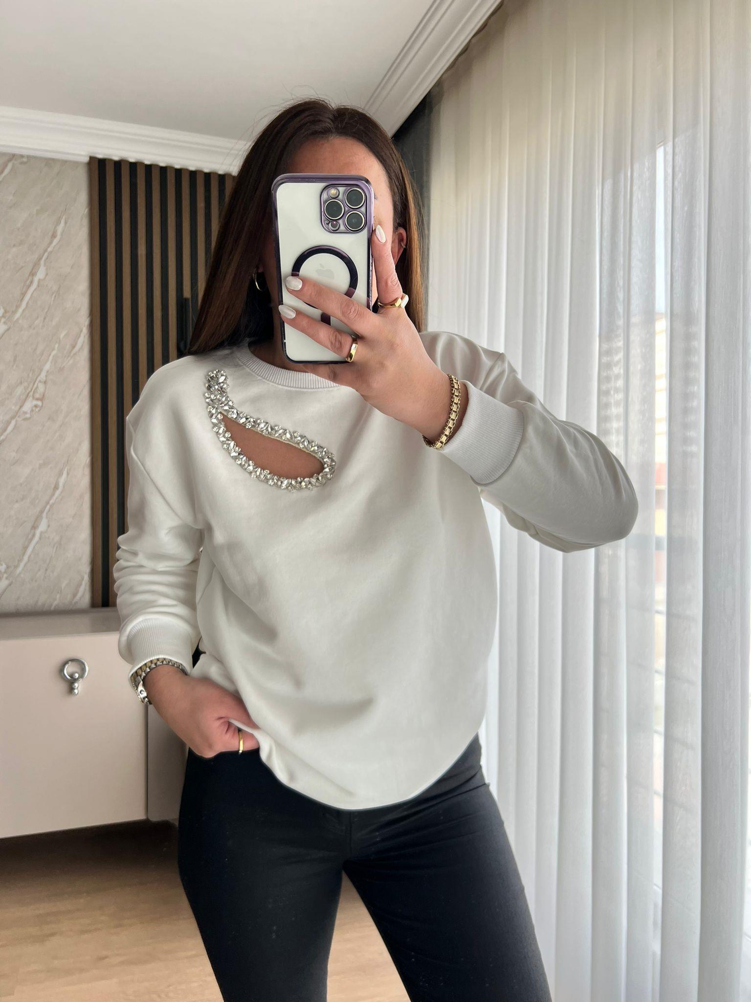 TAŞLI PENCERELİ SWEAT BEYAZ - 1232
