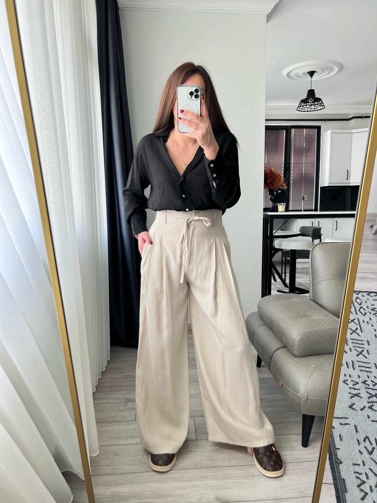 TENSEL KUŞAKLI PANTOLON EKRU - 1028