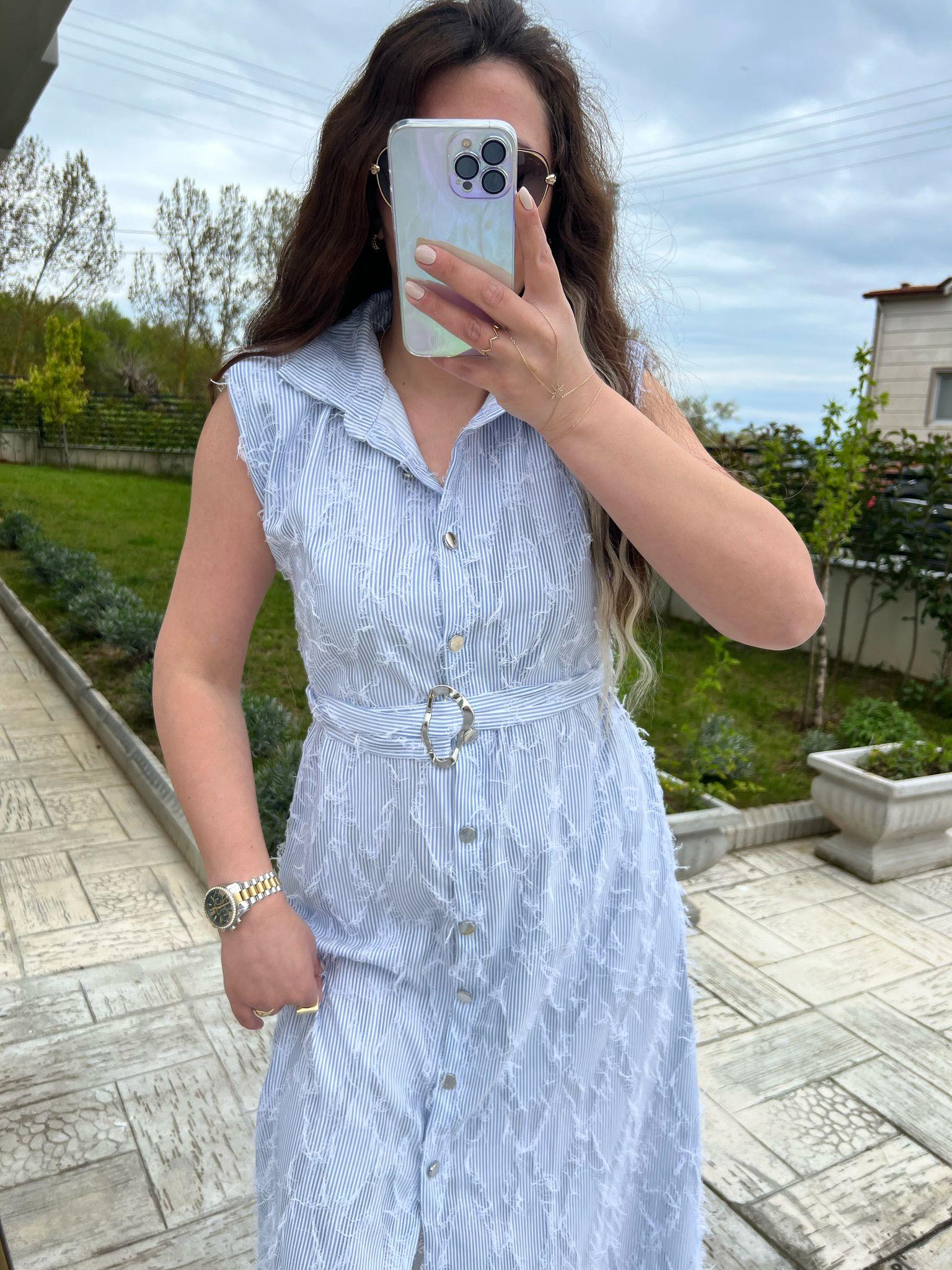Vatkalı ince çizgili elbise 1088