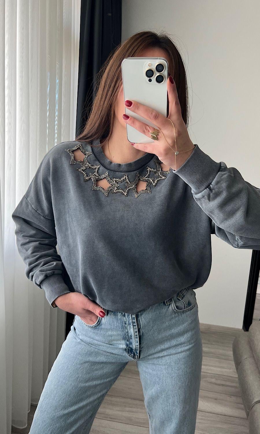 Yaldızlı Antrasit Sweatshirt