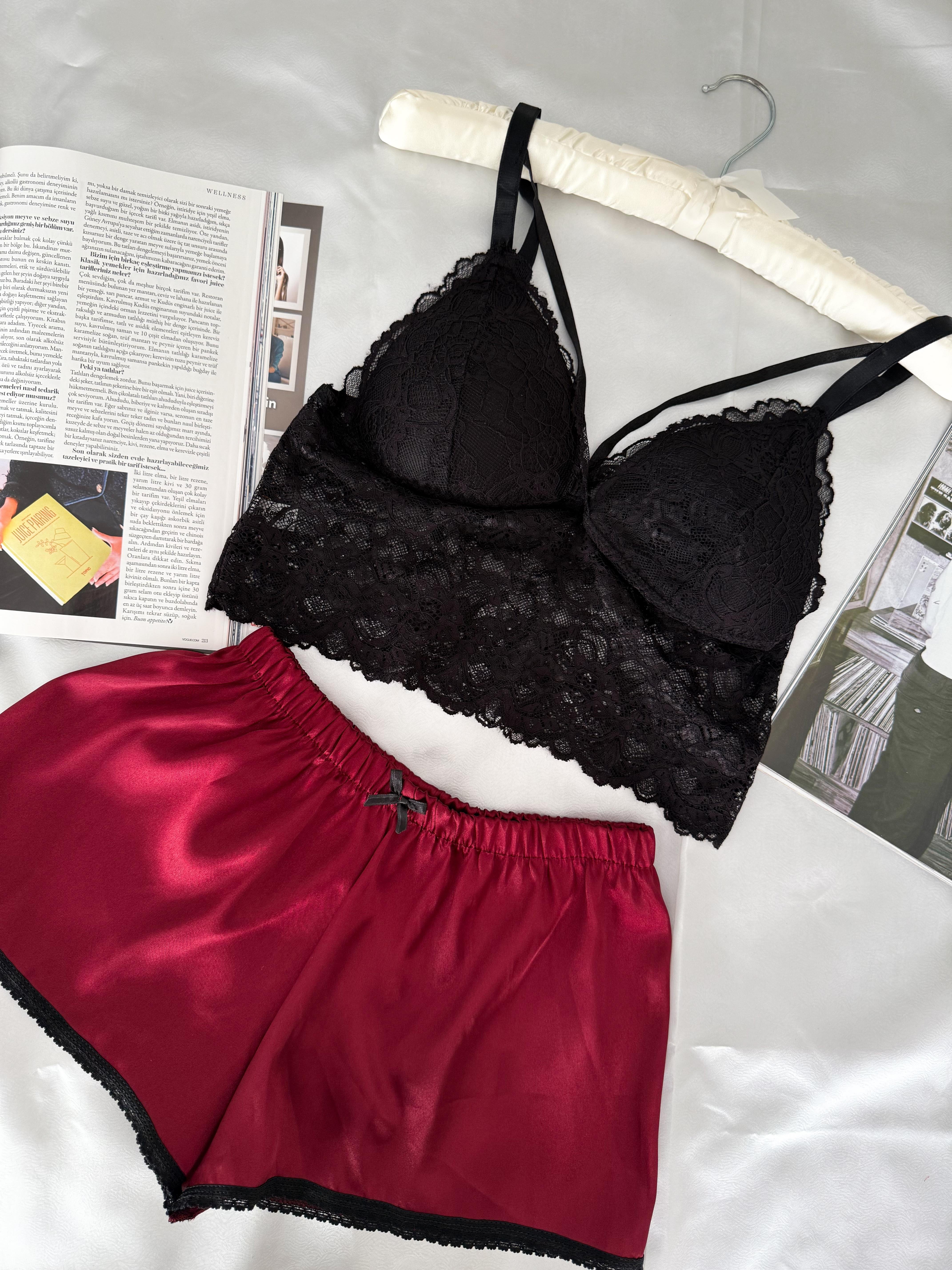 Bordo Saten Şort & Bralet Takım