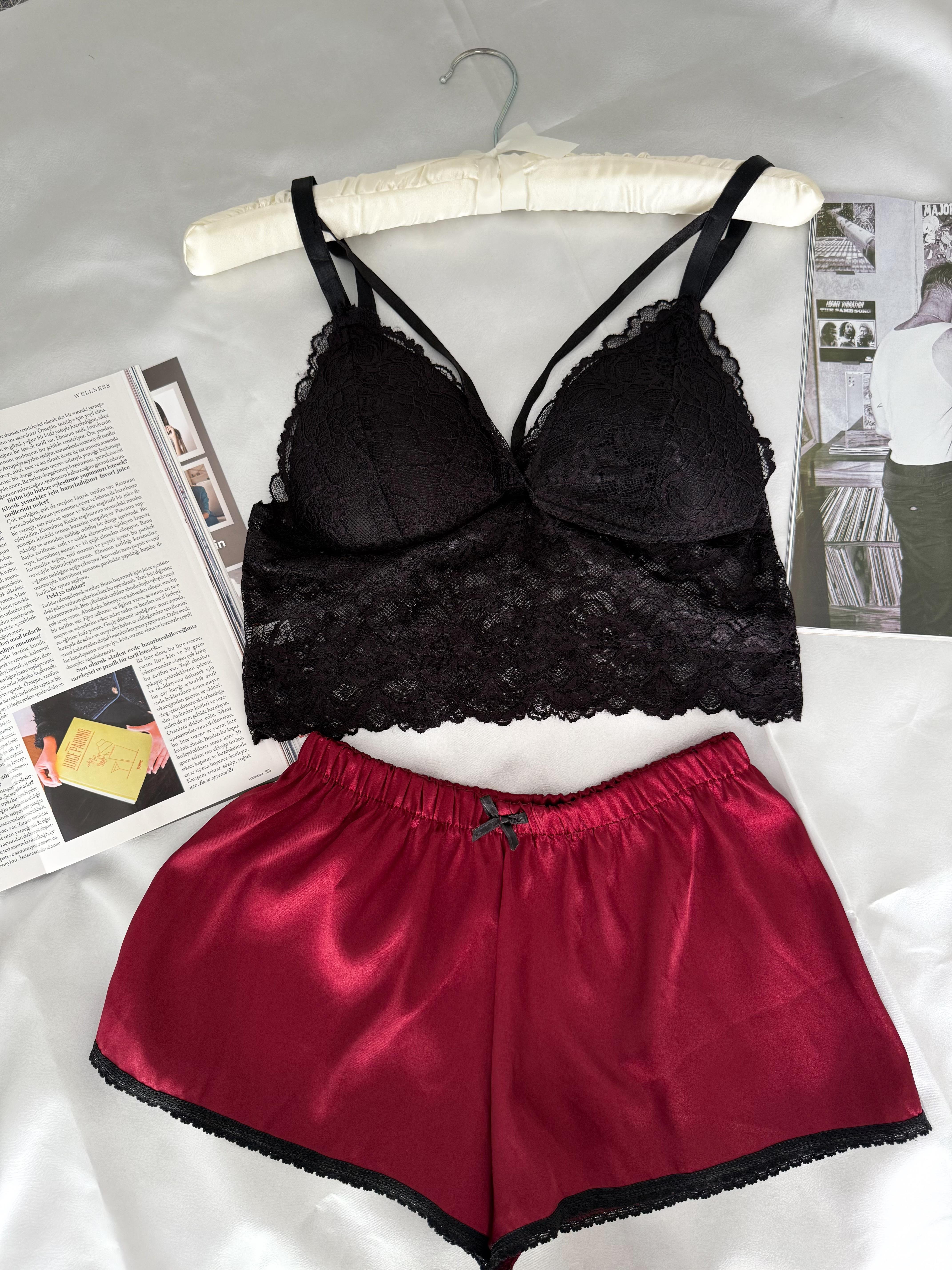 Bordo Saten Şort & Bralet Takım