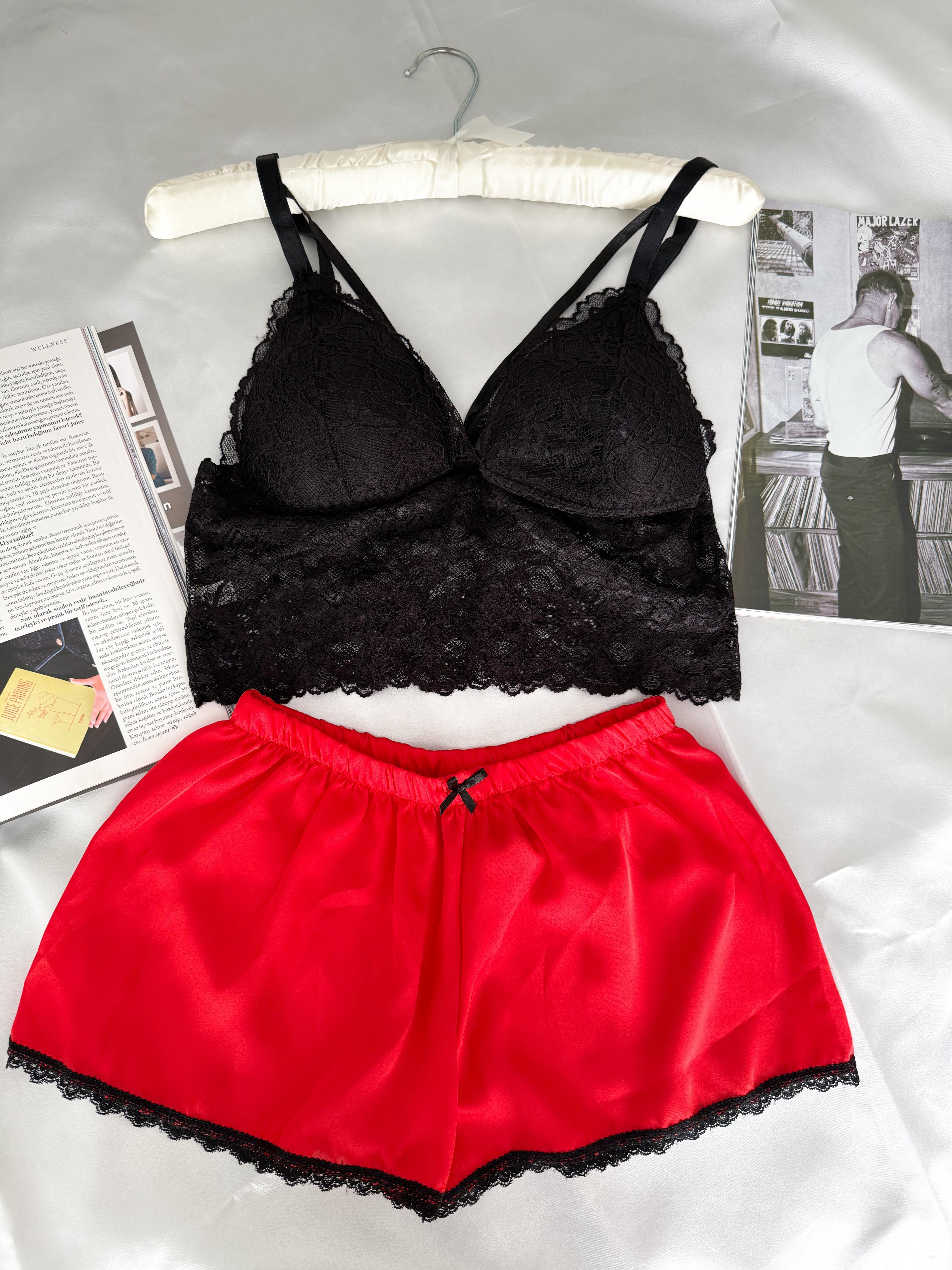 Kırmızı Saten Şort & Bralet Takım