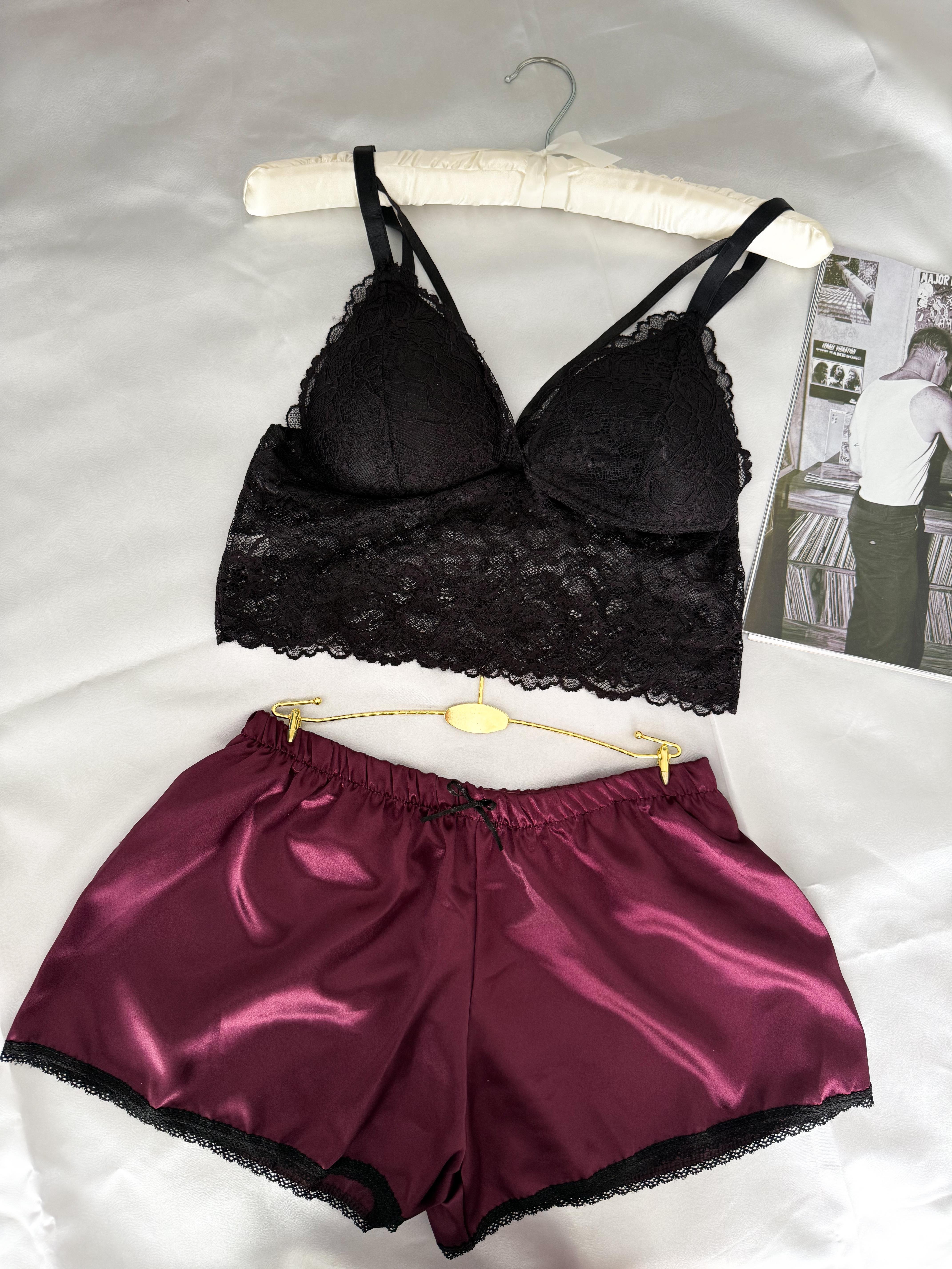 Mürdüm Saten Şort & Bralet Takım