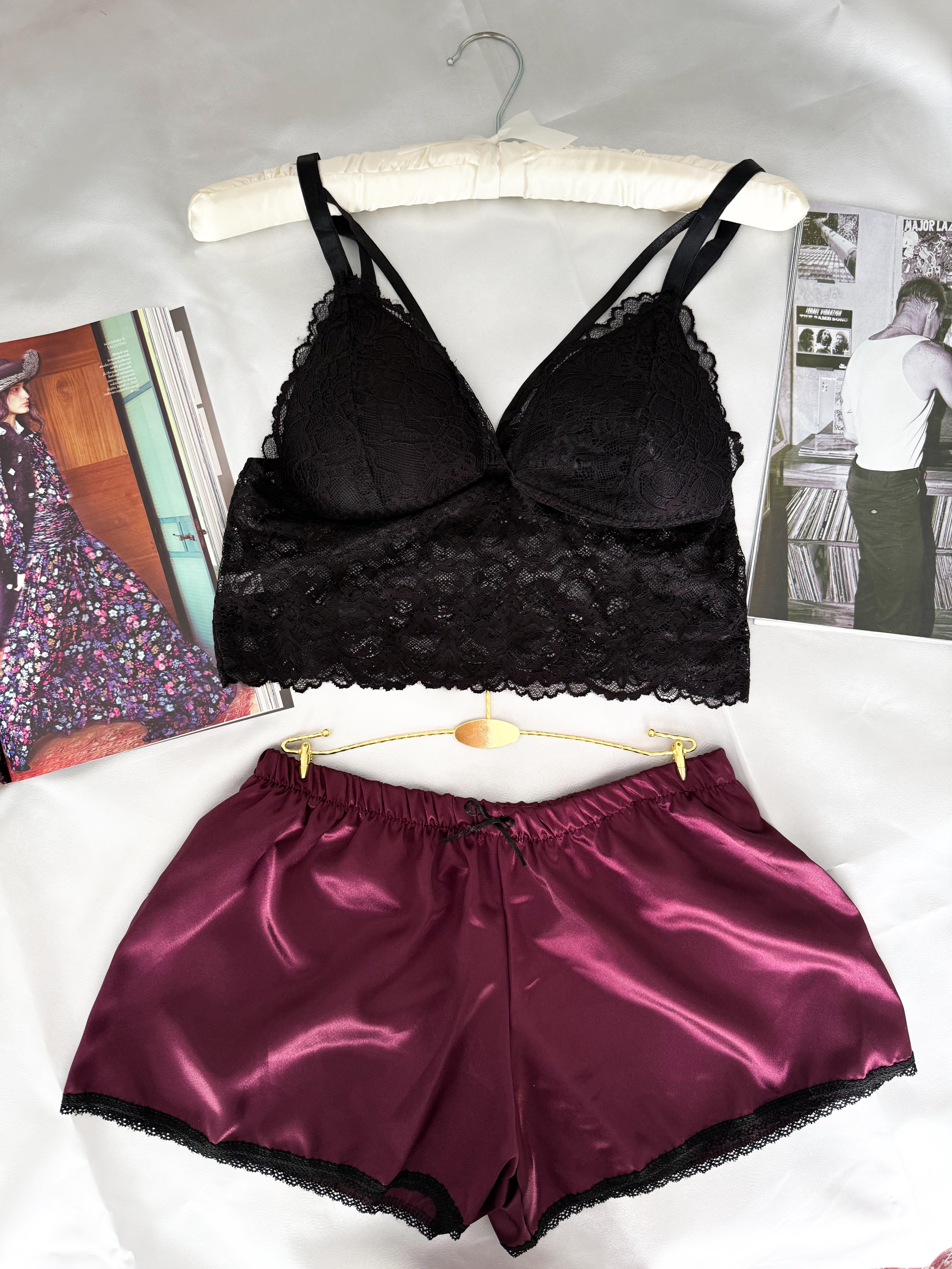 Mürdüm Saten Şort & Bralet Takım
