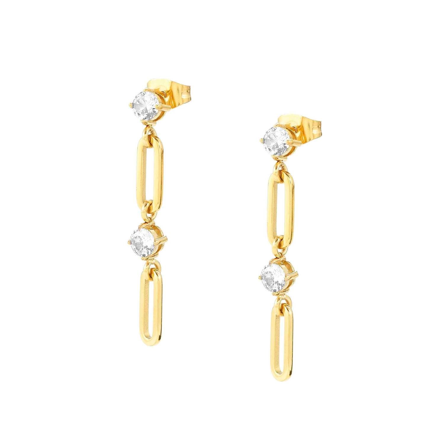 Chainsofstyle Zirkon Taşlı Çelik Zincir Küpe Altın Renk