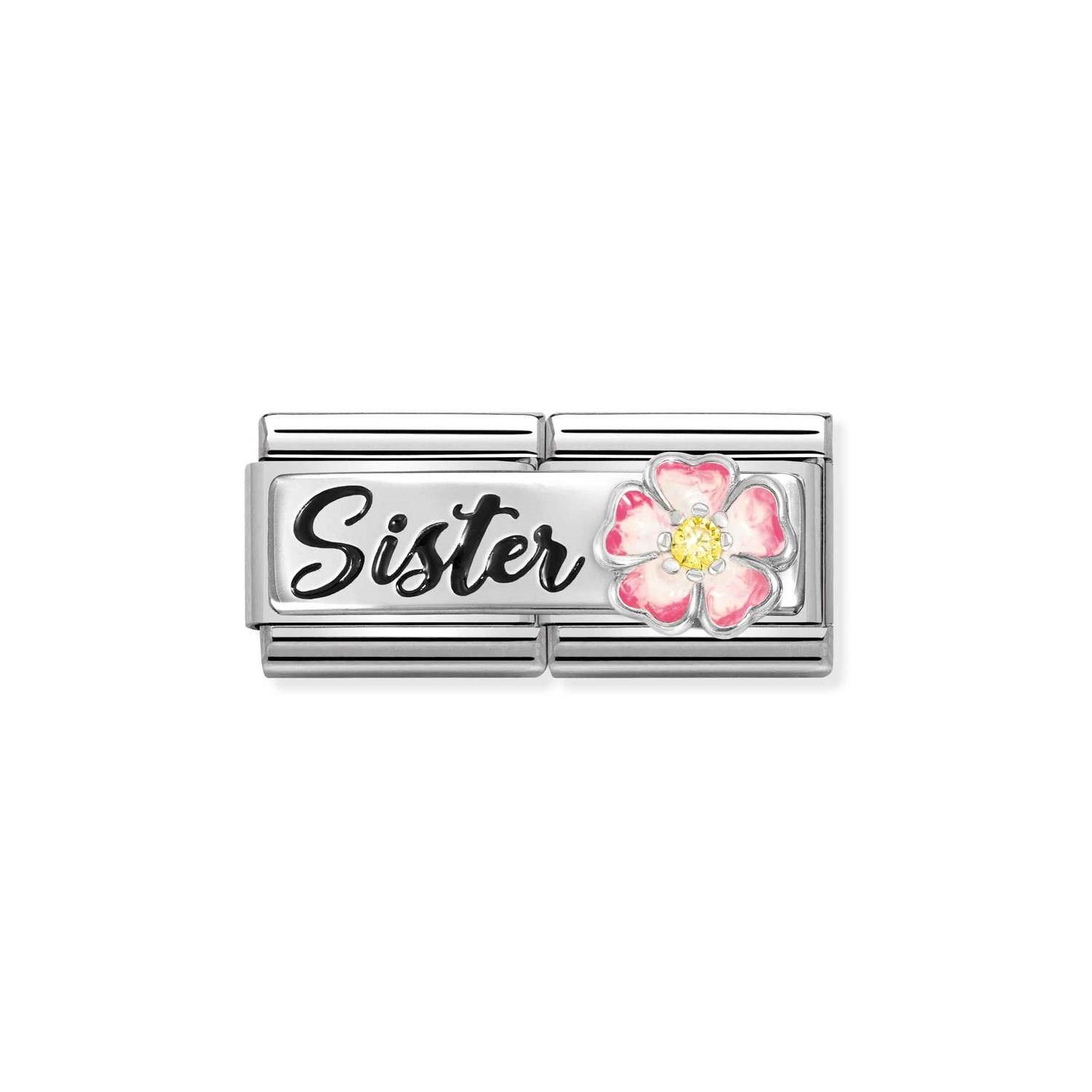 Composable Classic Çift Link Sister ve Pembe Çiçek 925 Ayar Gümüş