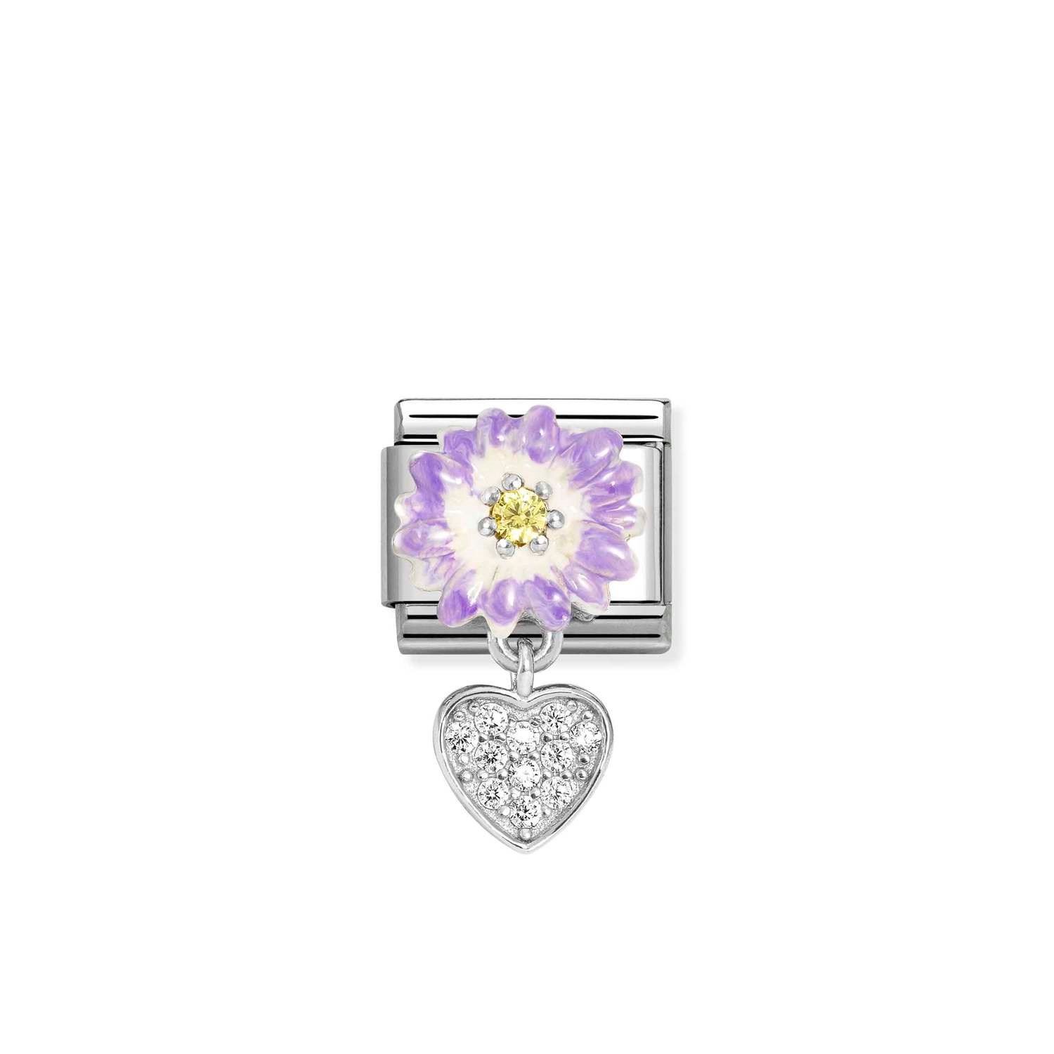 Composable Classic Link Kalp ve Lila Çiçek 925 Ayar Gümüş Charm
