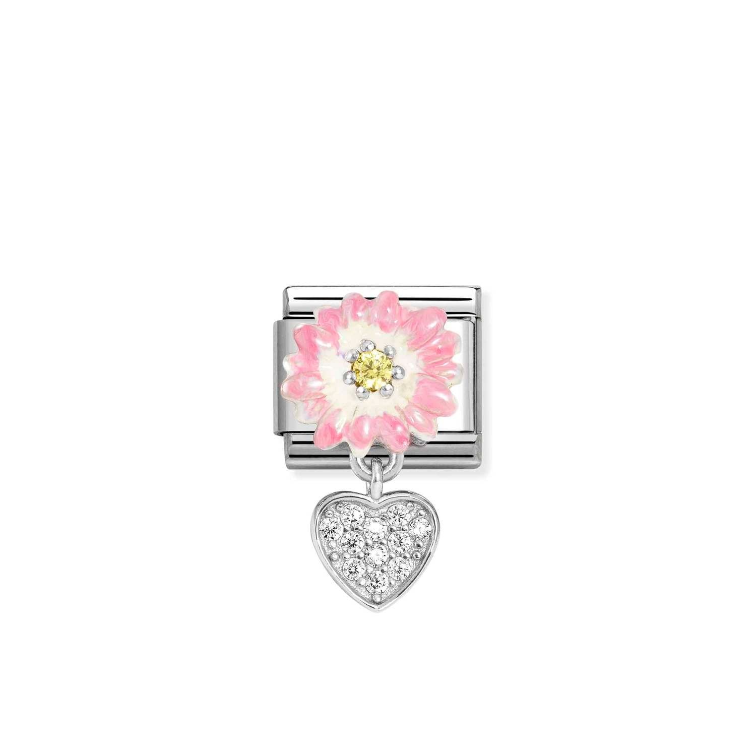 Composable Classic Link Kalp ve Pembe Papatya 925 Ayar Gümüş Charm