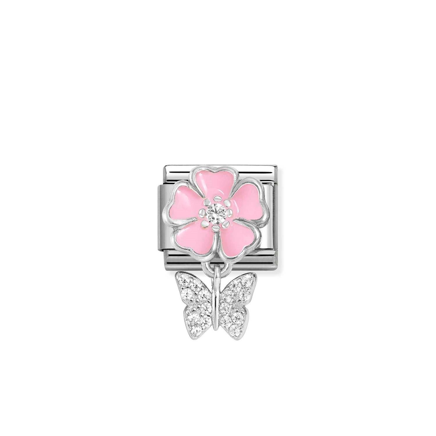 Composable Classic Link Kelebek ve Pembe Çiçek Rüyası 925 Ayar Gümüş Charm